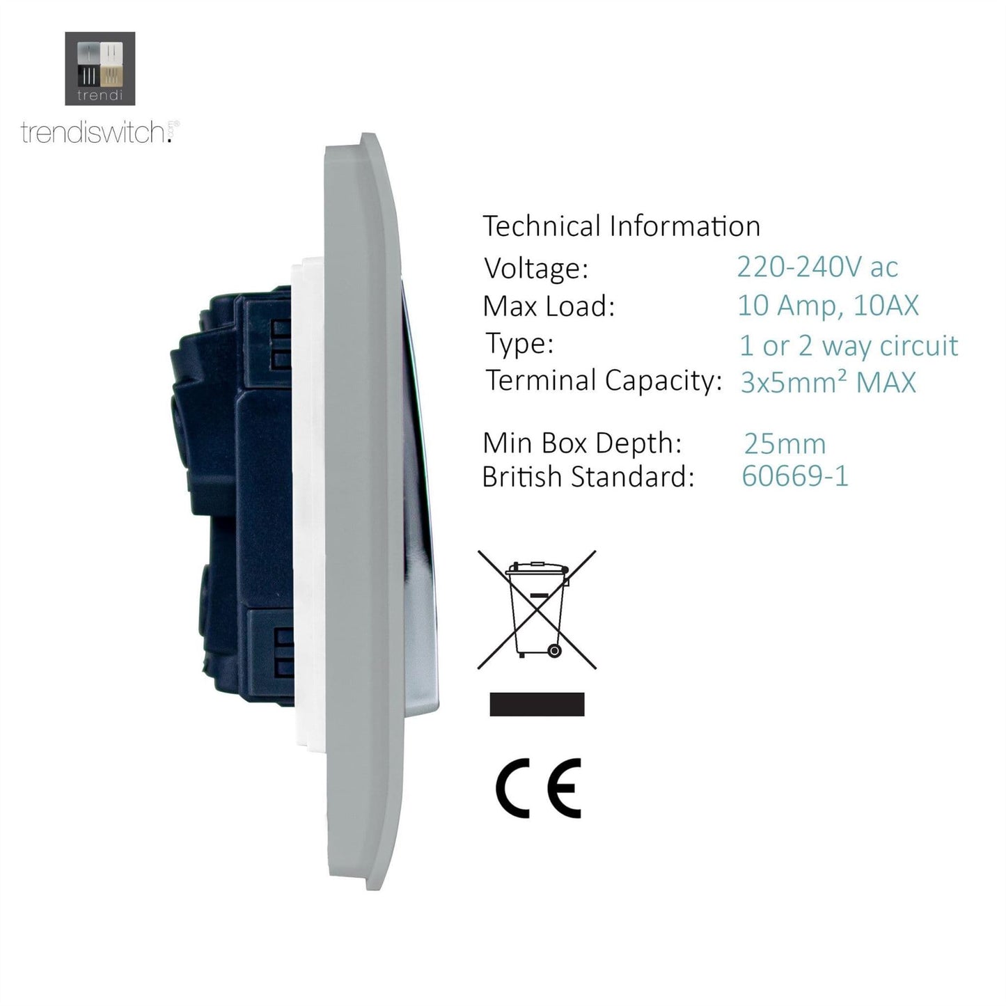 Trendi Switch 1 Gang 1 or 2 way Rocker Light Switchin Platinum Silver