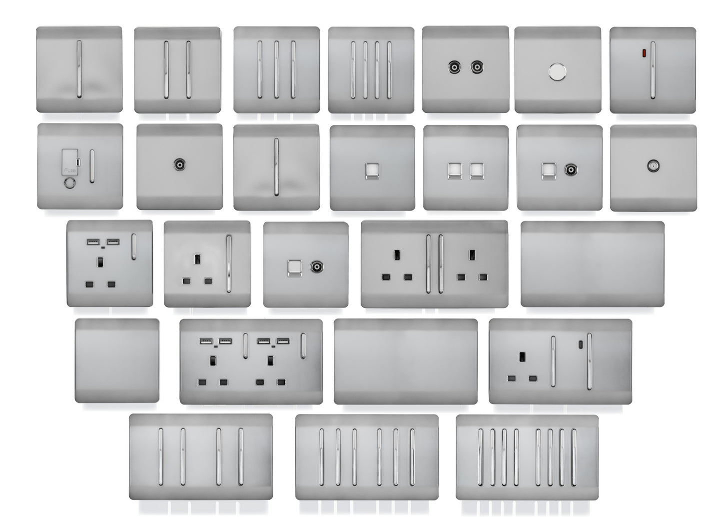 Trendi 4 Gang 2 Way 240V 100w LED Dimmer Screwless Raised Front Plate Plastic Artistic Modern Glossy 10 Amp Chrome Single Electrical Wall Light Switch in Brushed Steel - ART-4LDMBS