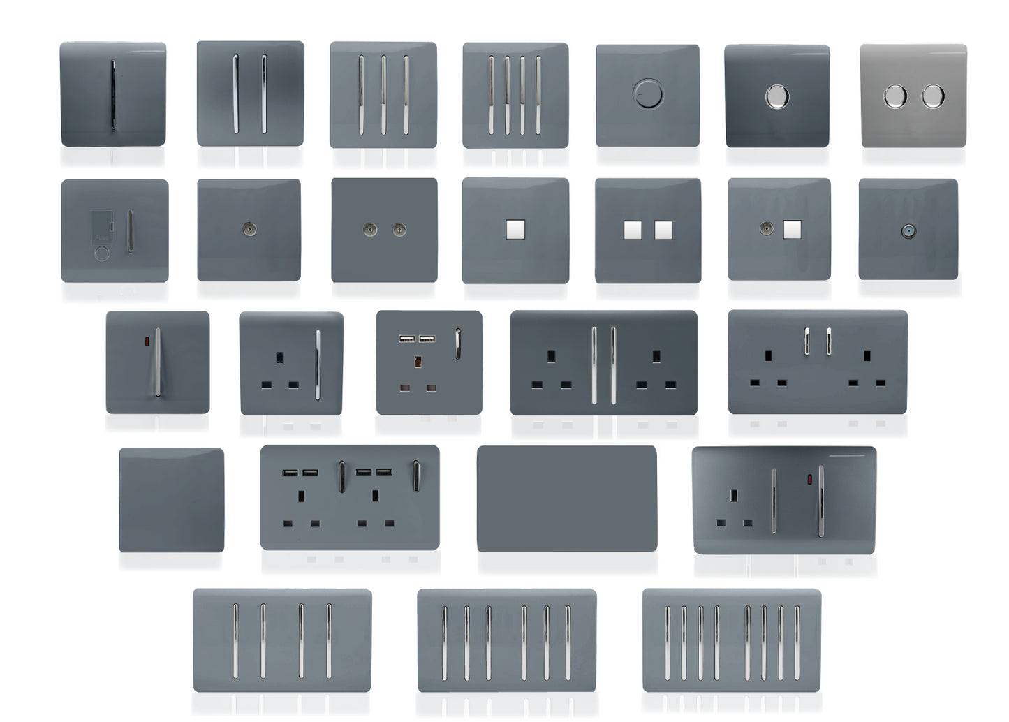Trendi 4 Gang 2 Way 240V 100w LED Dimmer Screwless Raised Front Plate Plastic Artistic Modern Glossy 10 Amp Chrome Single Electrical Wall Light Switch in Warm Grey - ART-4LDMWG