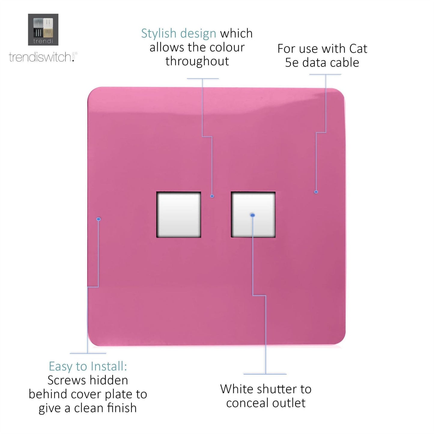 Trendi Switch 2 Gang RJ45 Cat 5e PC Ethernet Socketin Candy Pink