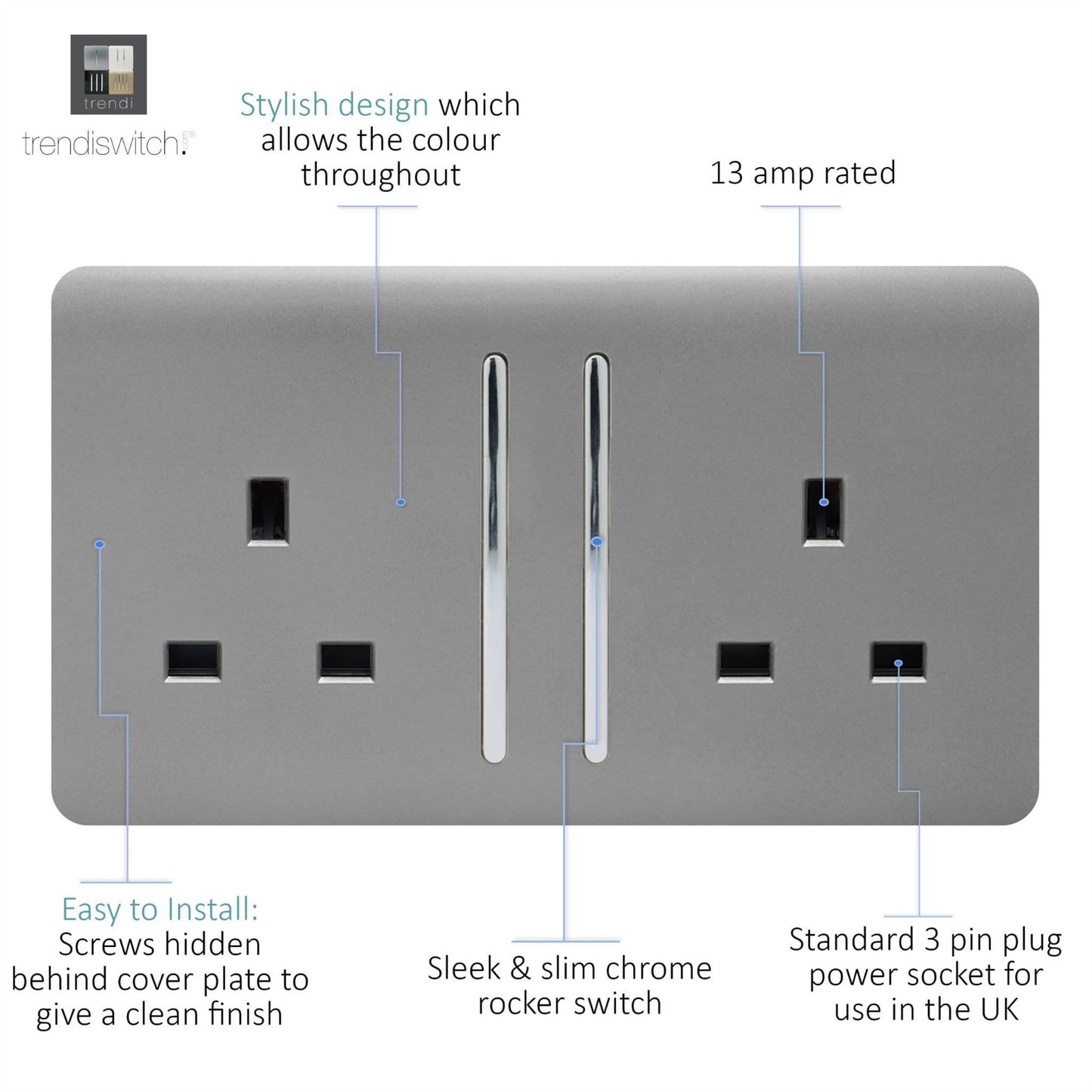 Trendi Switch 2 Gang Long Switched Plug Socketin Light Grey