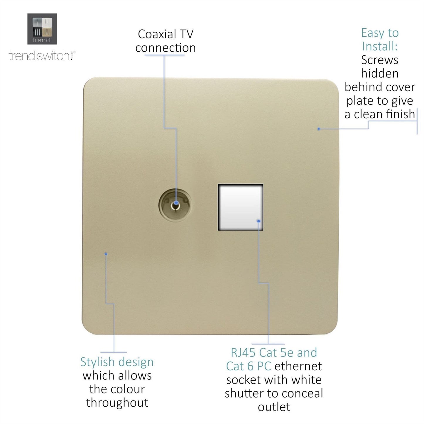 Trendi Switch 2 Gang Female TV Co-Axial & RJ45 Cat 5e PC Ethernet Socketsin Champagne Gold