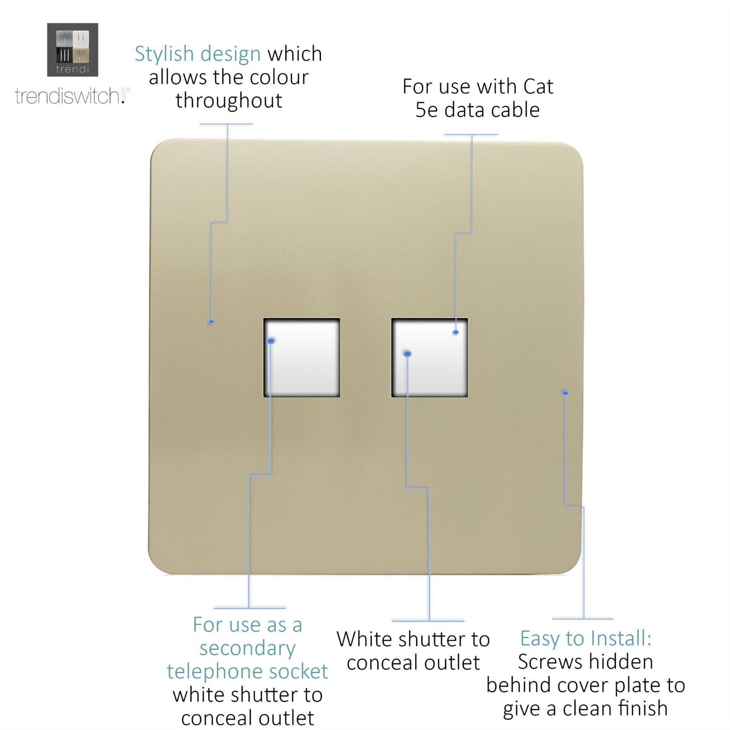 Trendi Switch 2 Gang RJ45 Cat 5e PC Ethernet & Telephone Slave Socketsin Champagne Gold