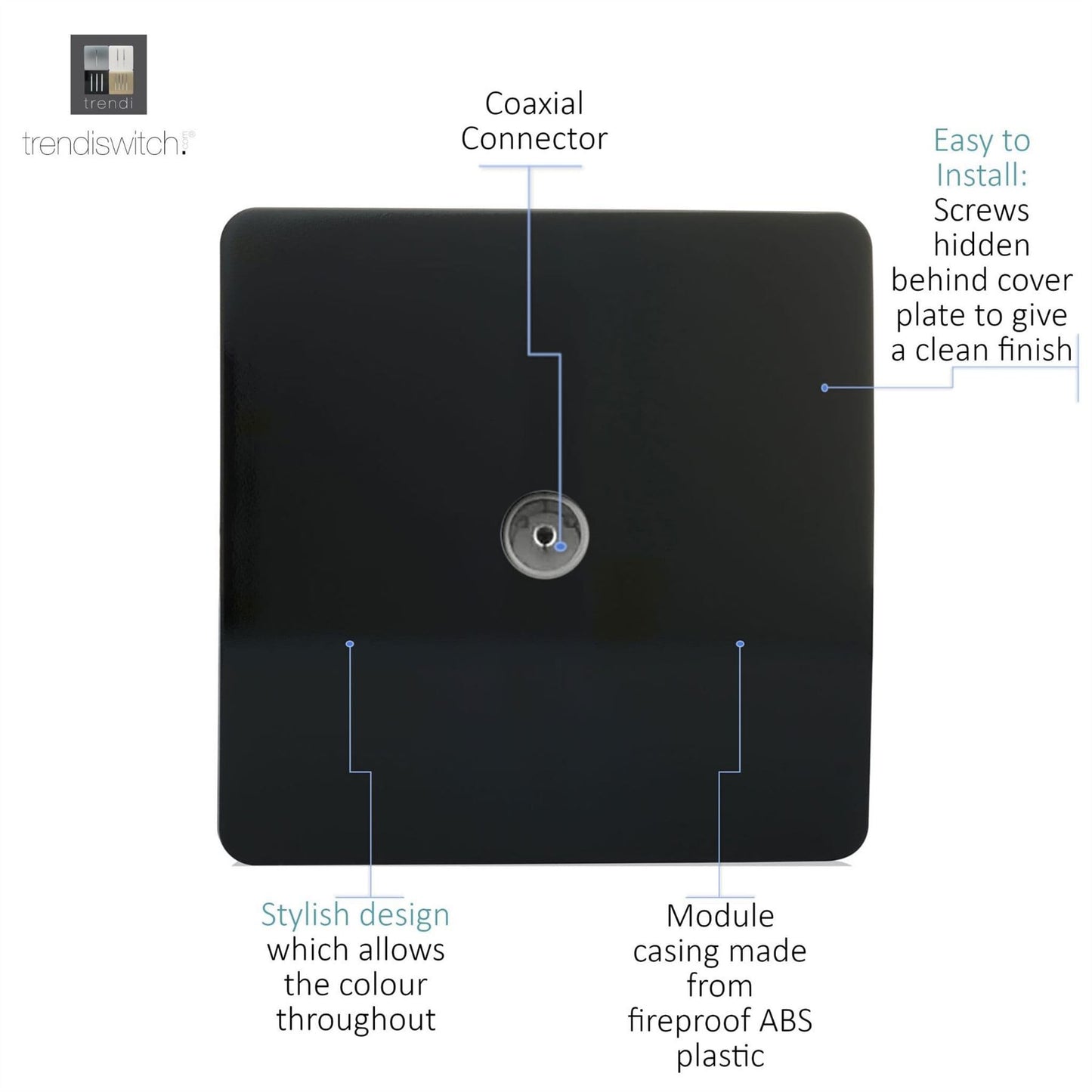 Trendi Switch 1 Gang Female Co-Axial Television Socketin Piano Black