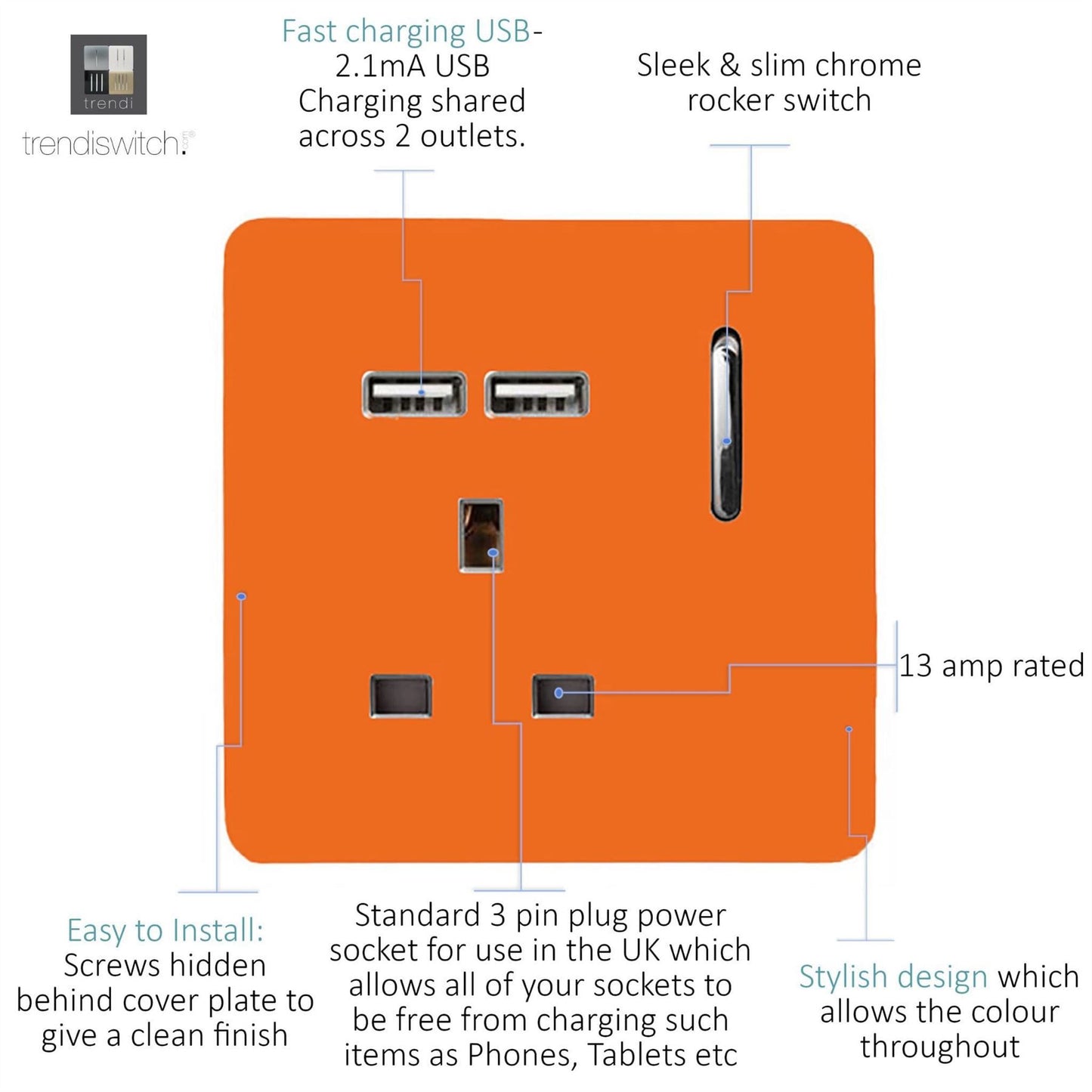 Trendi Switch 1 Gang USB 2100mA Plug Socketin Sunset Orange