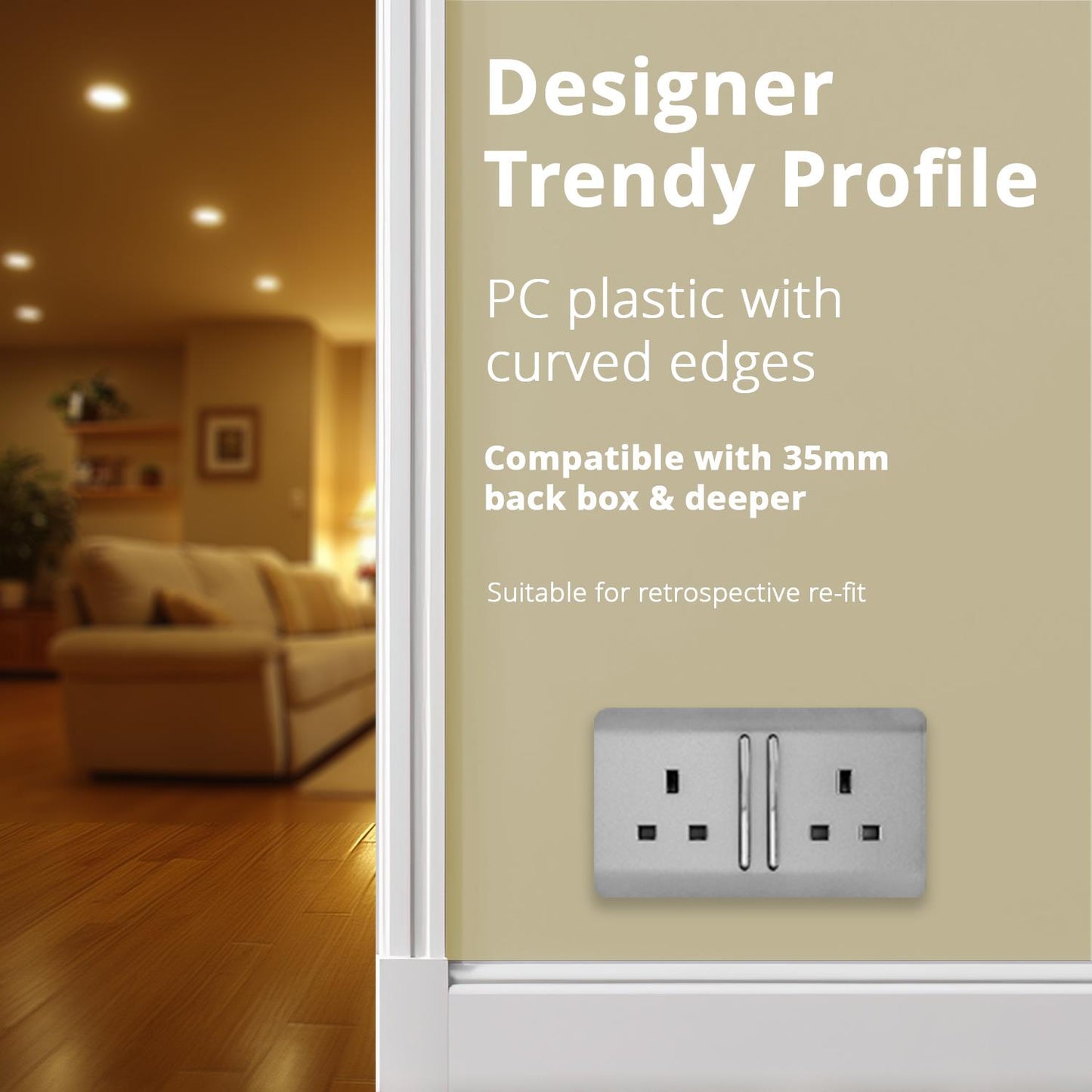 Trendi Switch 2 Gang Long Switched Plug Socketin Brushed Steel