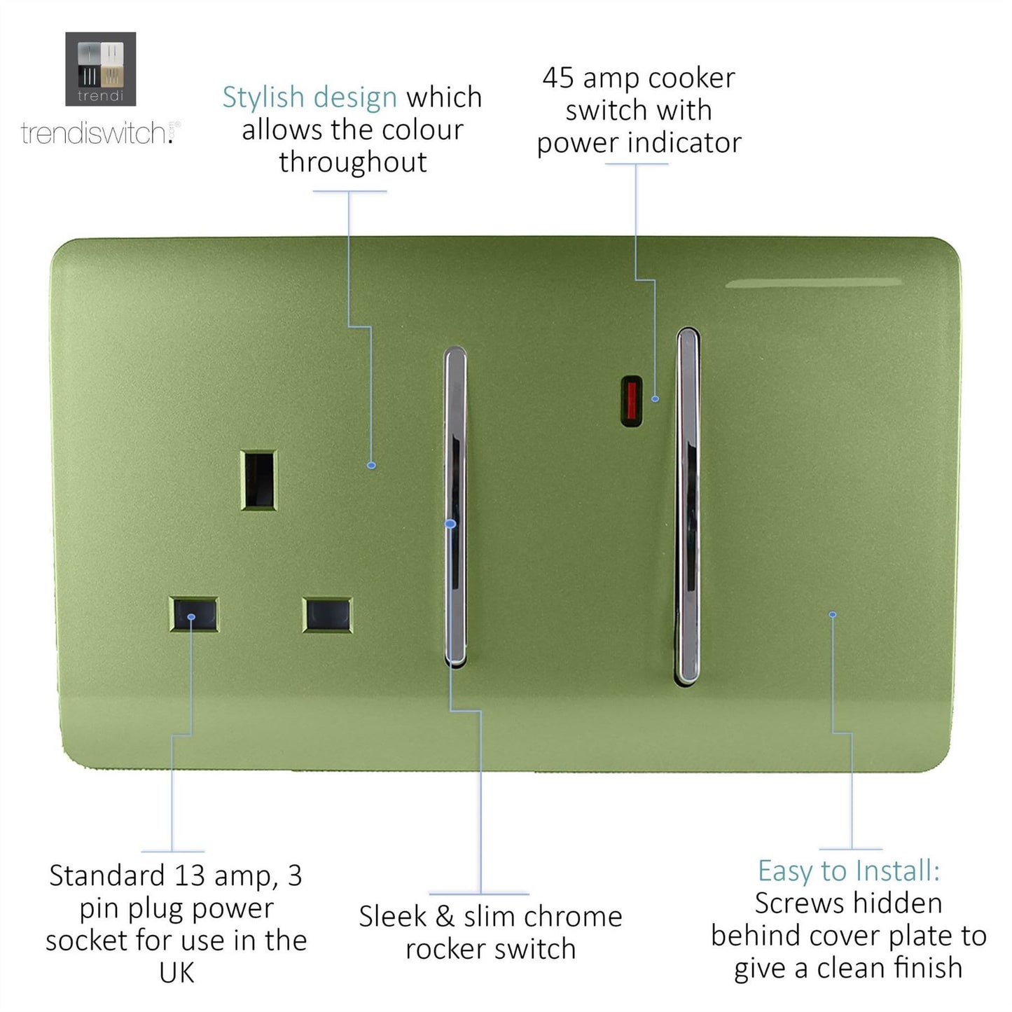 Trendi Switch 45 Amp Cooker Switch & 13 Amp Plug Socket with Neonin Moss Green