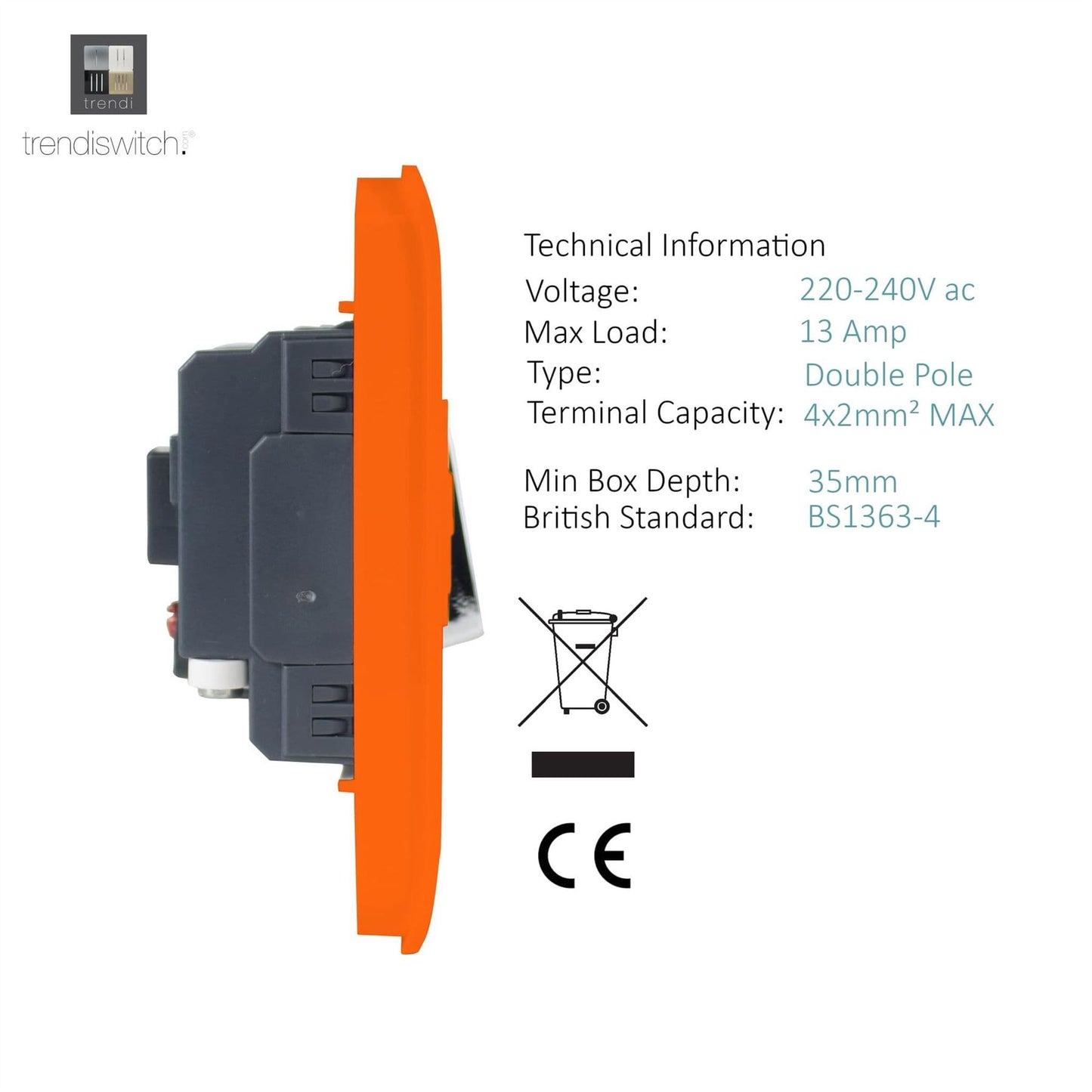 Trendi Switch 13 Amp Fused Spur with Flex Outletin Sunset Orange