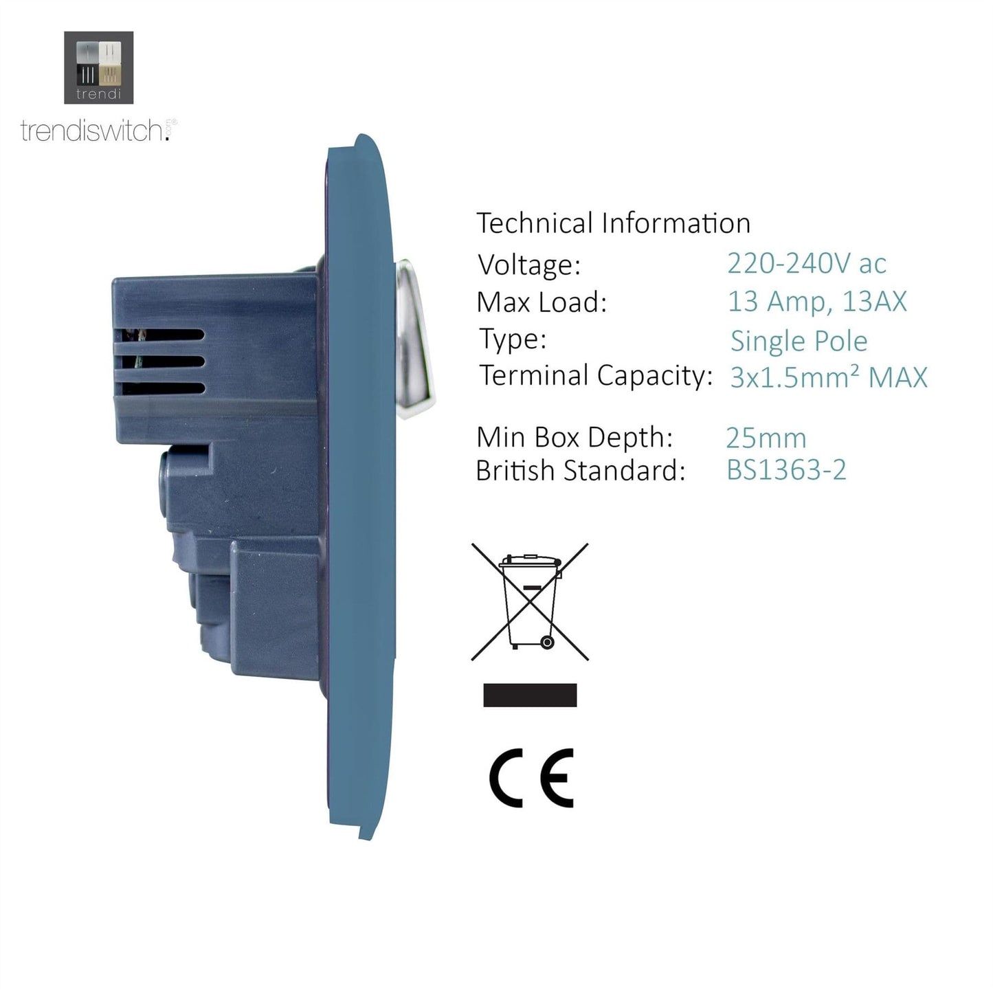 Trendi Switch 1 Gang USB 2100mA Plug Socketin Sky Blue