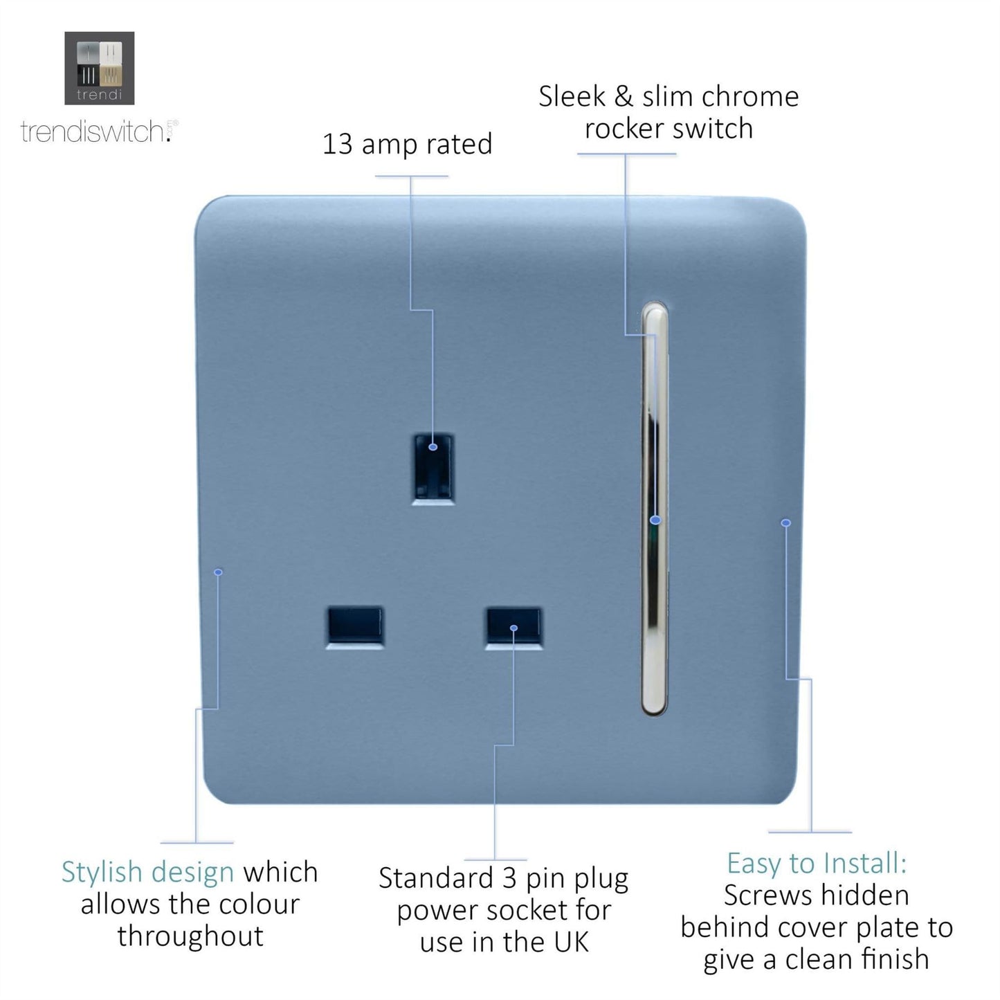 Trendi Switch 1 Gang 13 Amp Switched Plug Socketin Sky Blue