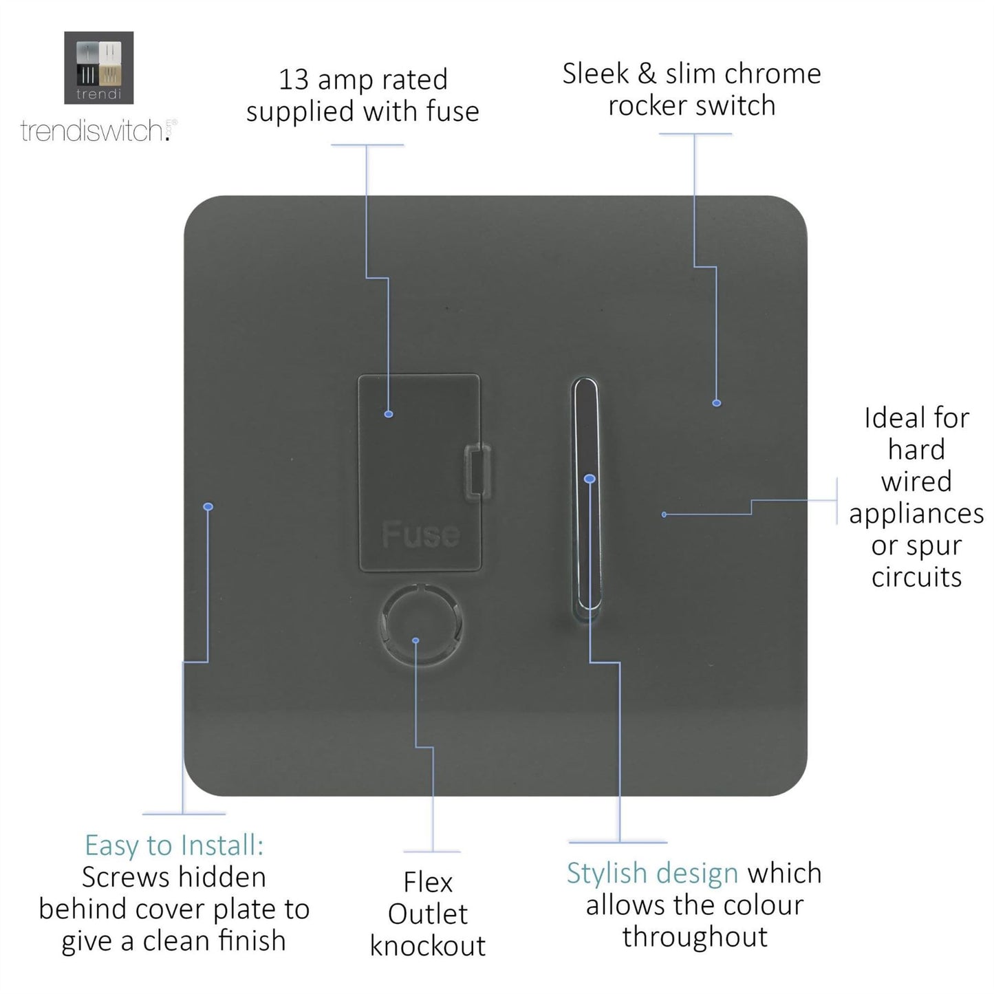 Trendi Switch 13 Amp Fused Spur with Flex Outletin Charcoal Grey