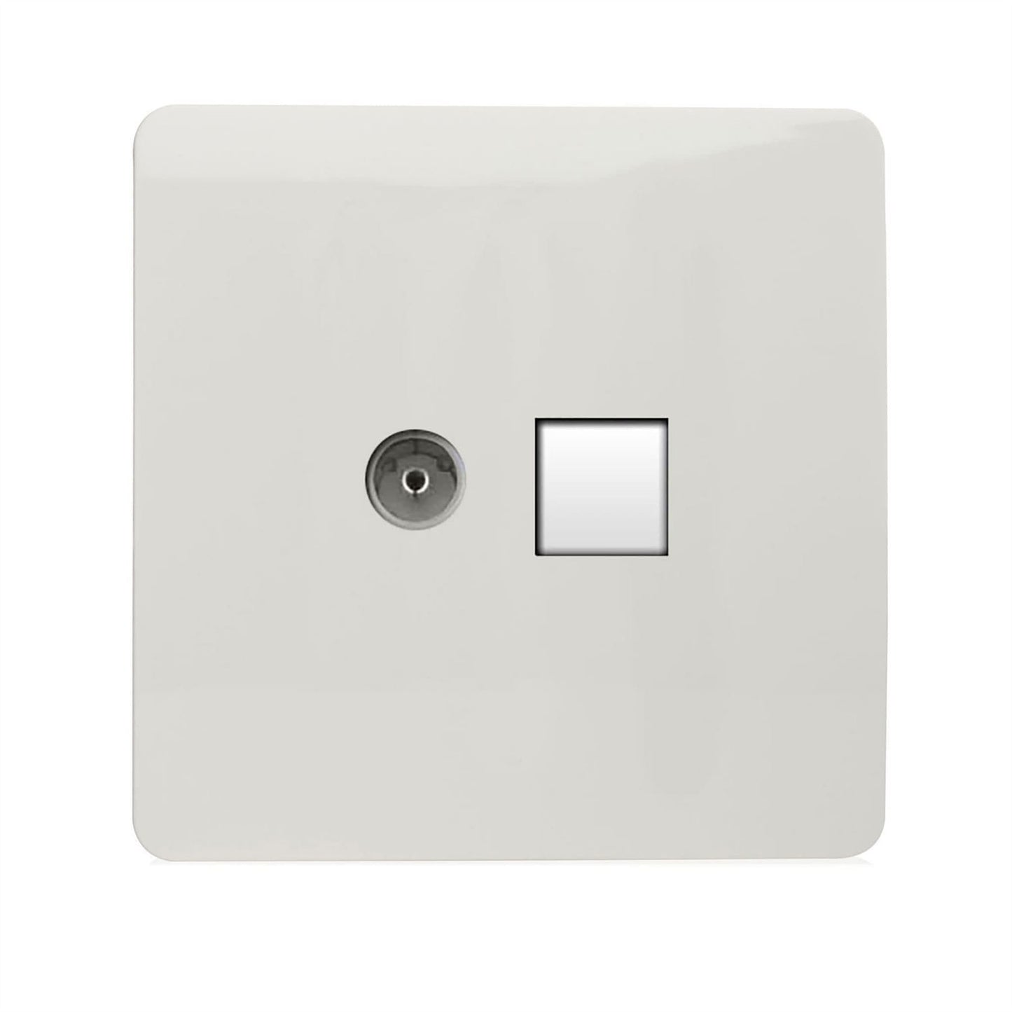 Trendi Switch 2 Gang TV Co-Axial & RJ45 Cat 6 Modern Designer PC Ethernet Socketsin Ice White