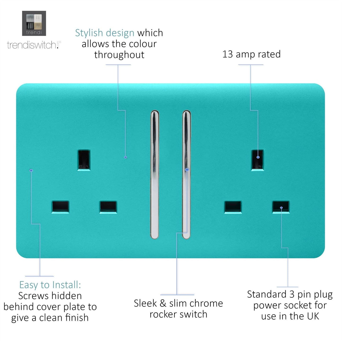 Trendi Switch 2 Gang Long Switched Plug Socketin Bright Teal