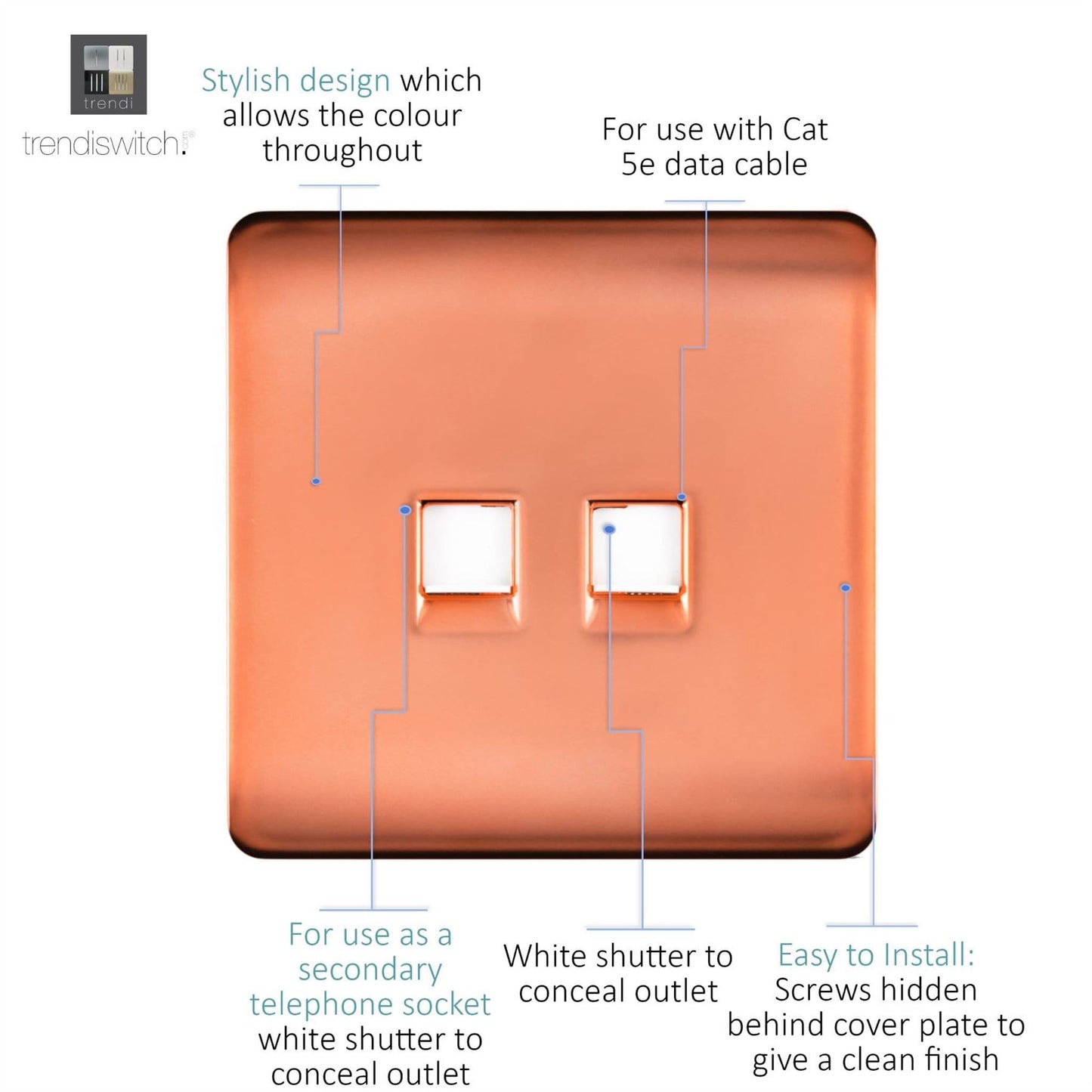 Trendi Switch 2 Gang RJ45 Cat 5e PC Ethernet & Telephone Slave Socketsin Copper