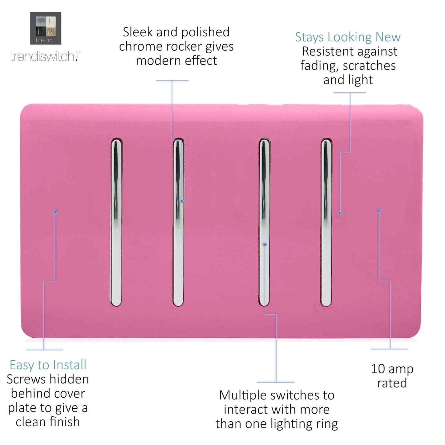 Trendi Switch 4 Gang Light Switch (3x 1 or 2 Way & 1 x Intermediate)in Candy Pink
