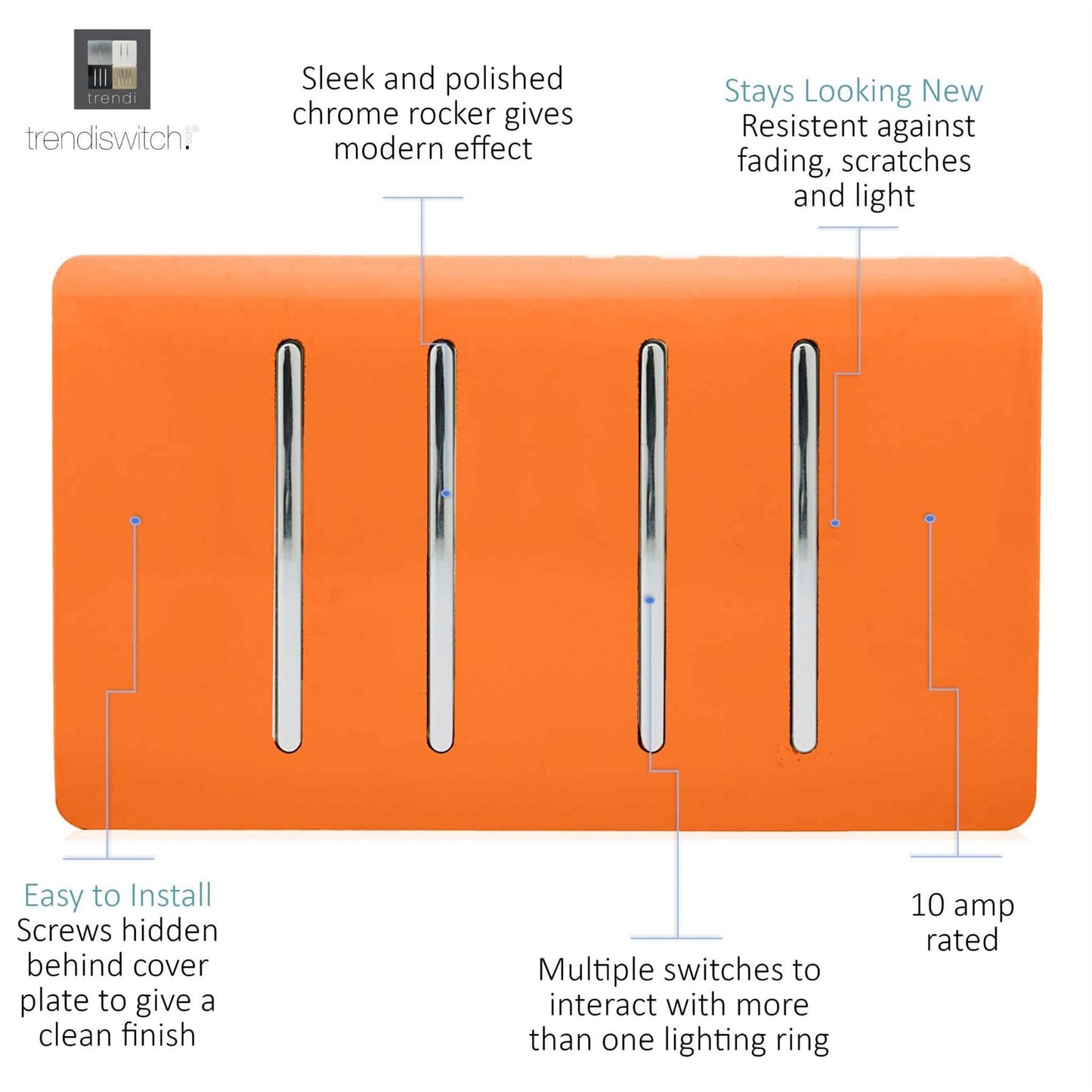 Trendi Switch 4 Gang Light Switch (3x 1 or 2 Way & 1 x Intermediate)in Sunset Orange