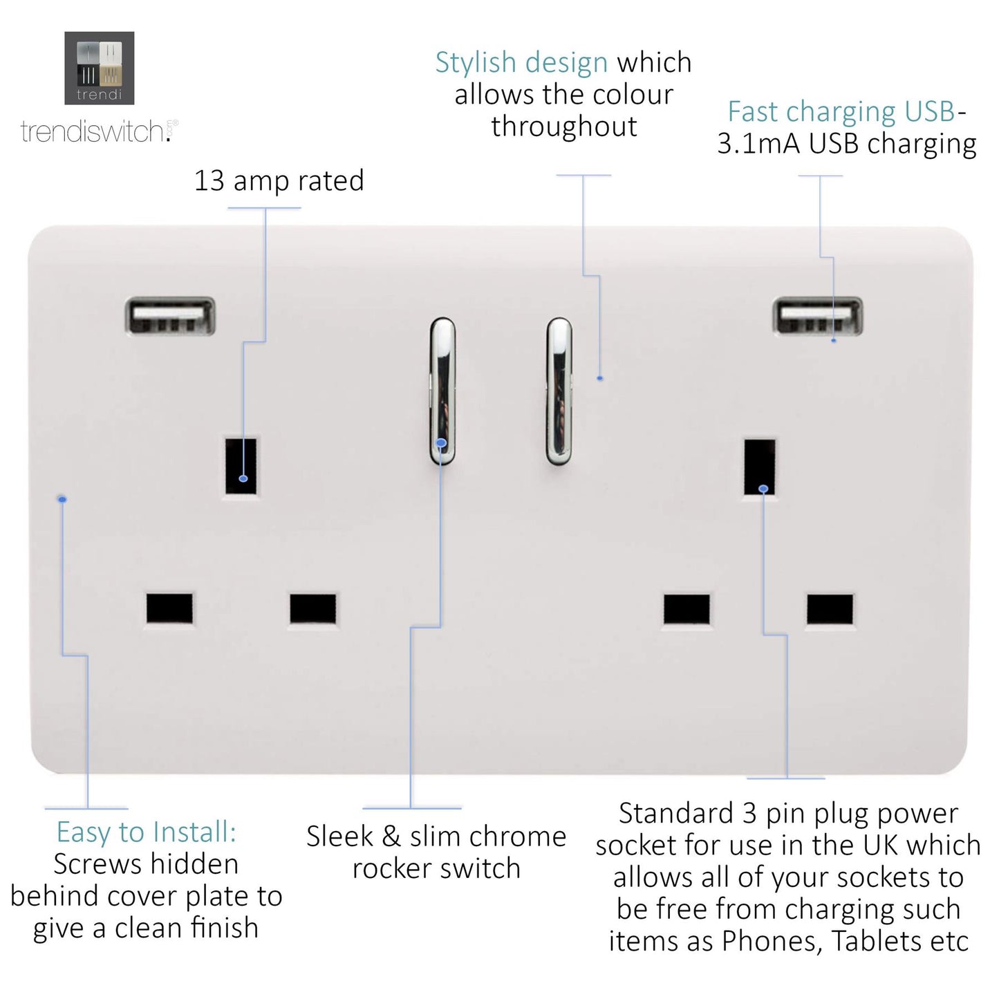 Trendi Switch 2 Gang USB 3100mA Plug Socket in Ice White
