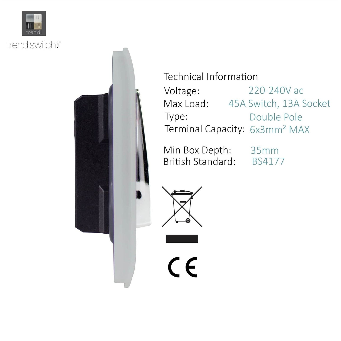 Trendi Switch 45 Amp Cooker Switch & 13 Amp Plug Socket with Neonin Platinum Silver