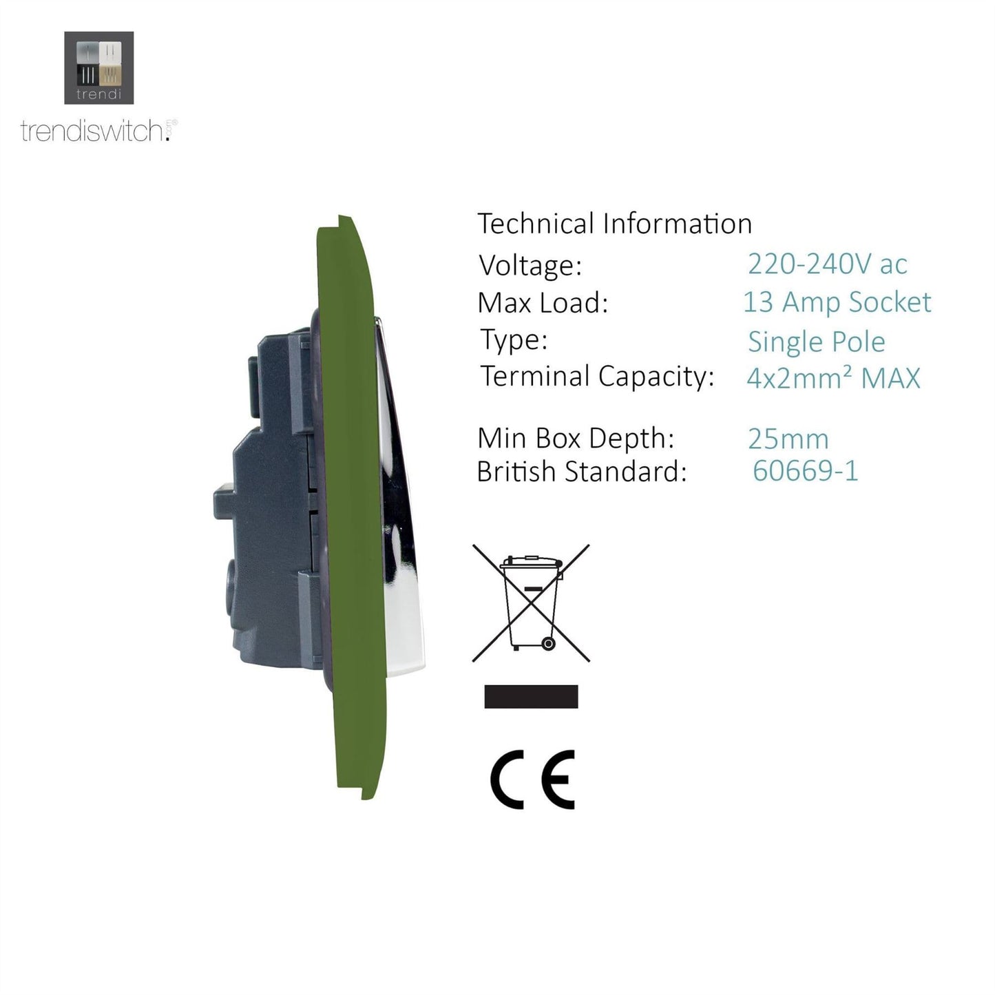 Trendi Switch 2 Gang Long Switched Plug Socketin Moss Green