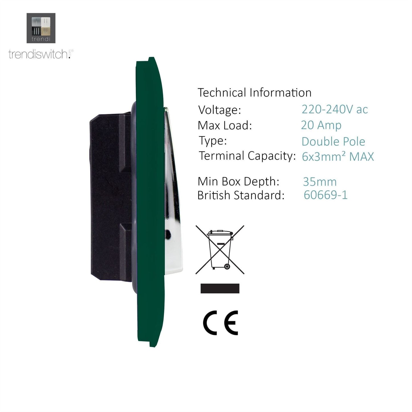 Trendi Switch 1 Gang 20 Amp Heavy Duty Rocker Switchin Dark Forest Green
