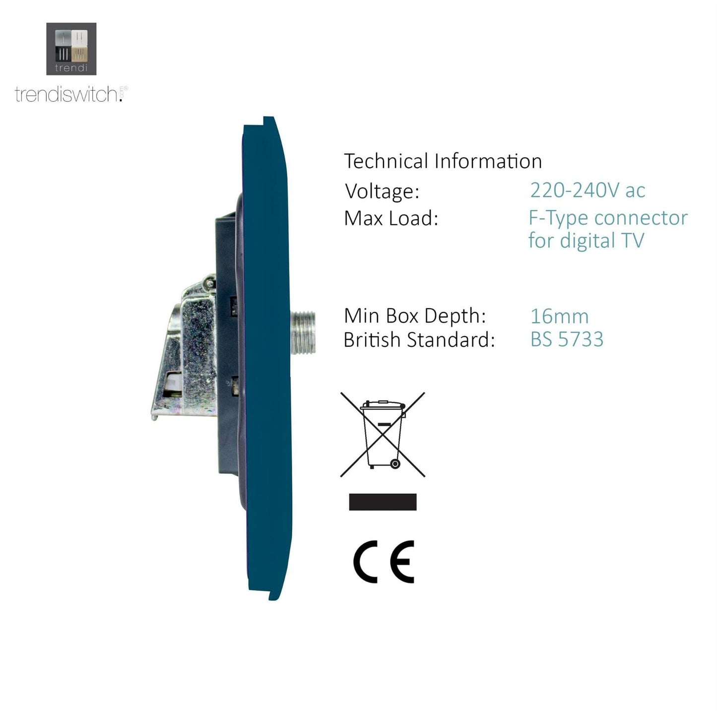 Trendi Switch 1 Gang Male F-Type Satellite Television Socketin Midnight Blue
