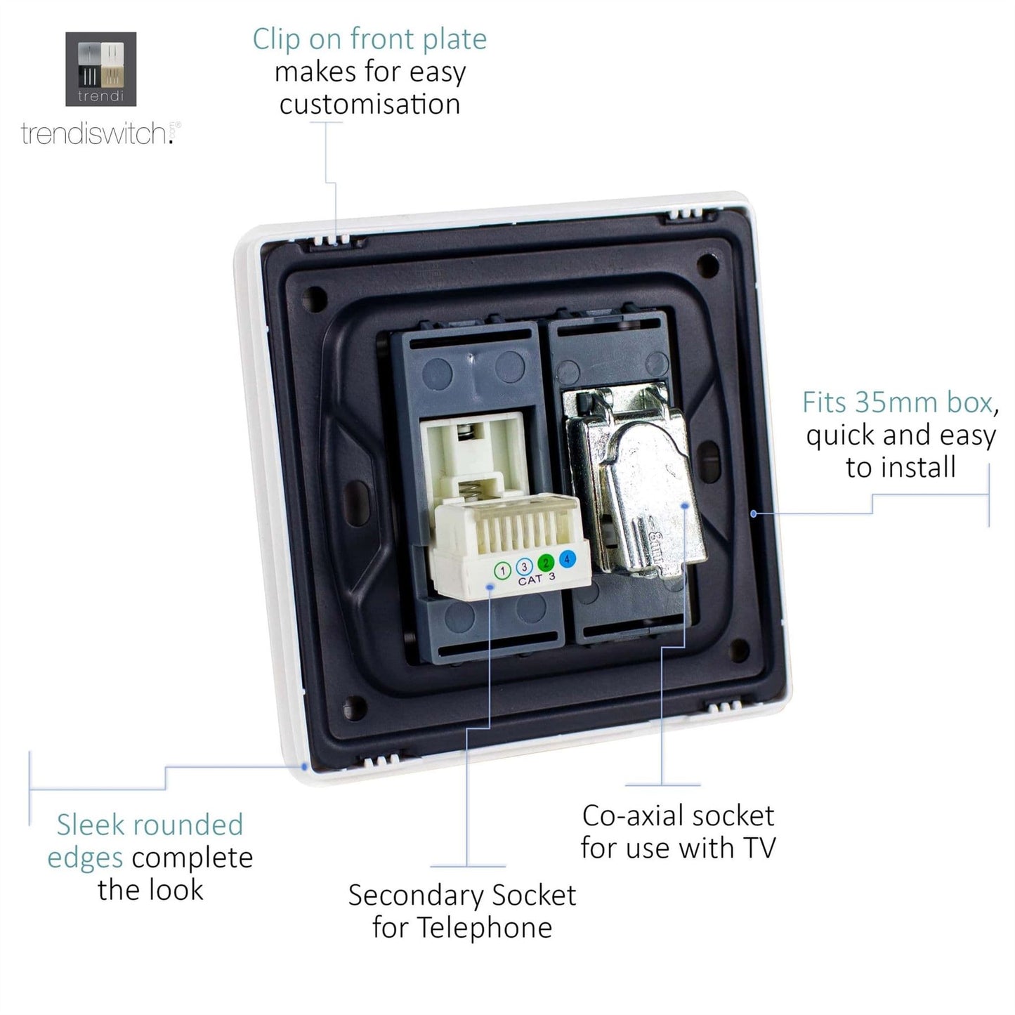 Trendi Switch 2 Gang Female TV Co-Axial & Telephone Slave Sockets in Sky Blue
