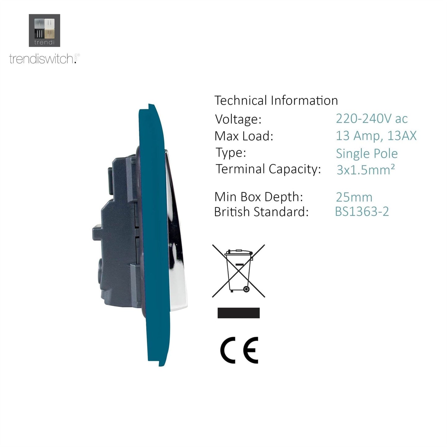 Trendi Switch 1 Gang 13 Amp Switched Plug Socketin Ocean Blue