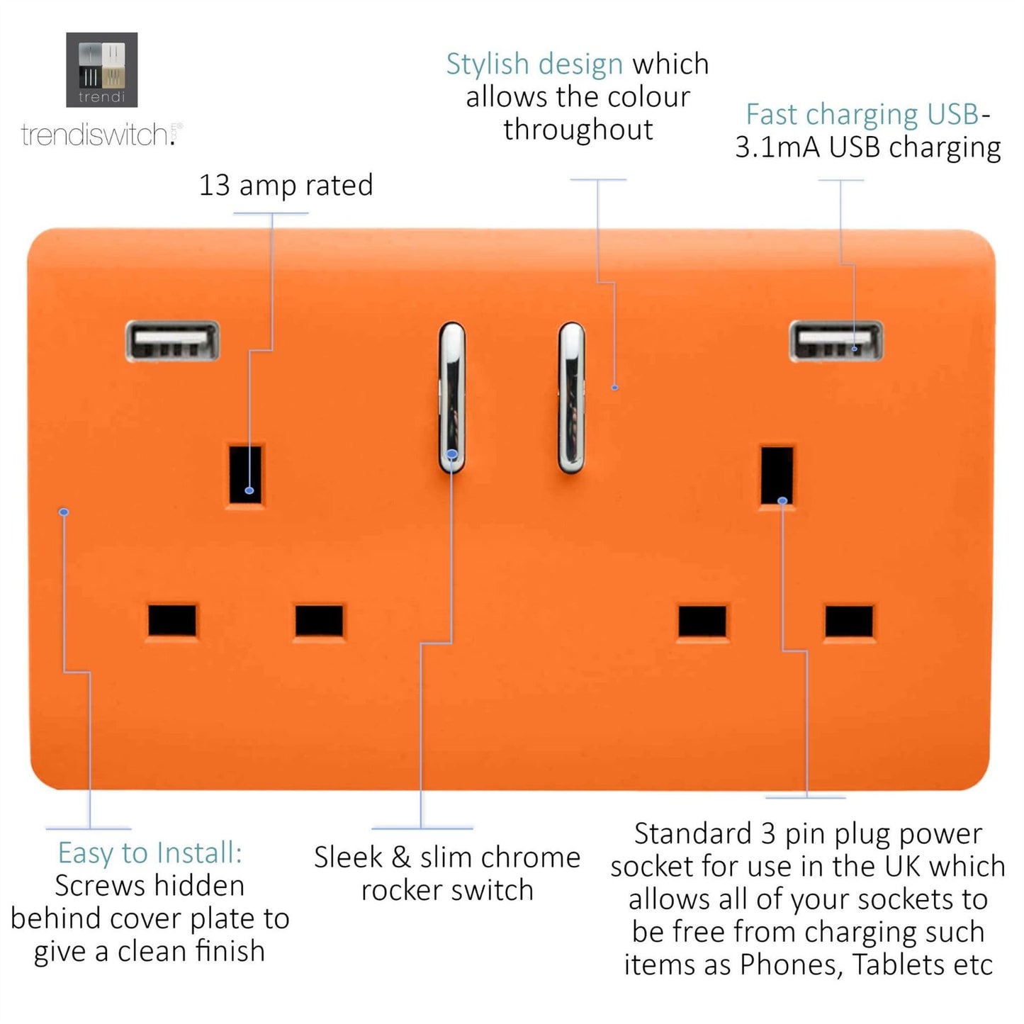 Trendi Switch 2 Gang USB 3100mA Plug Socketin Sunset Orange