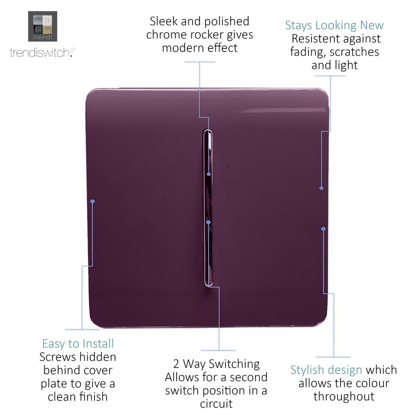Trendi Switch 1 Gang 1 or 2 way Rocker Light Switchin Plum Purple