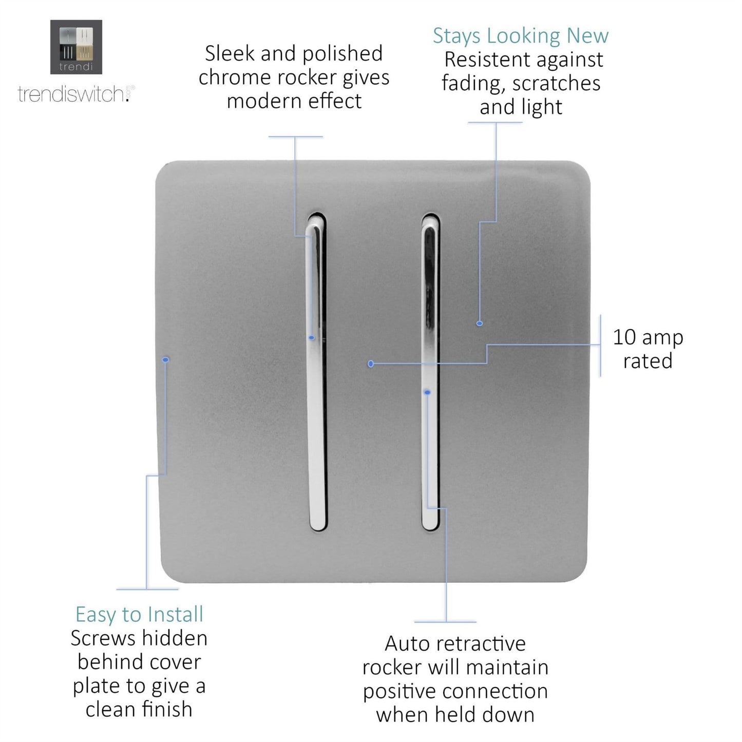 Trendi Switch 2 Gang Retractive Doorbell Switchin Light Grey