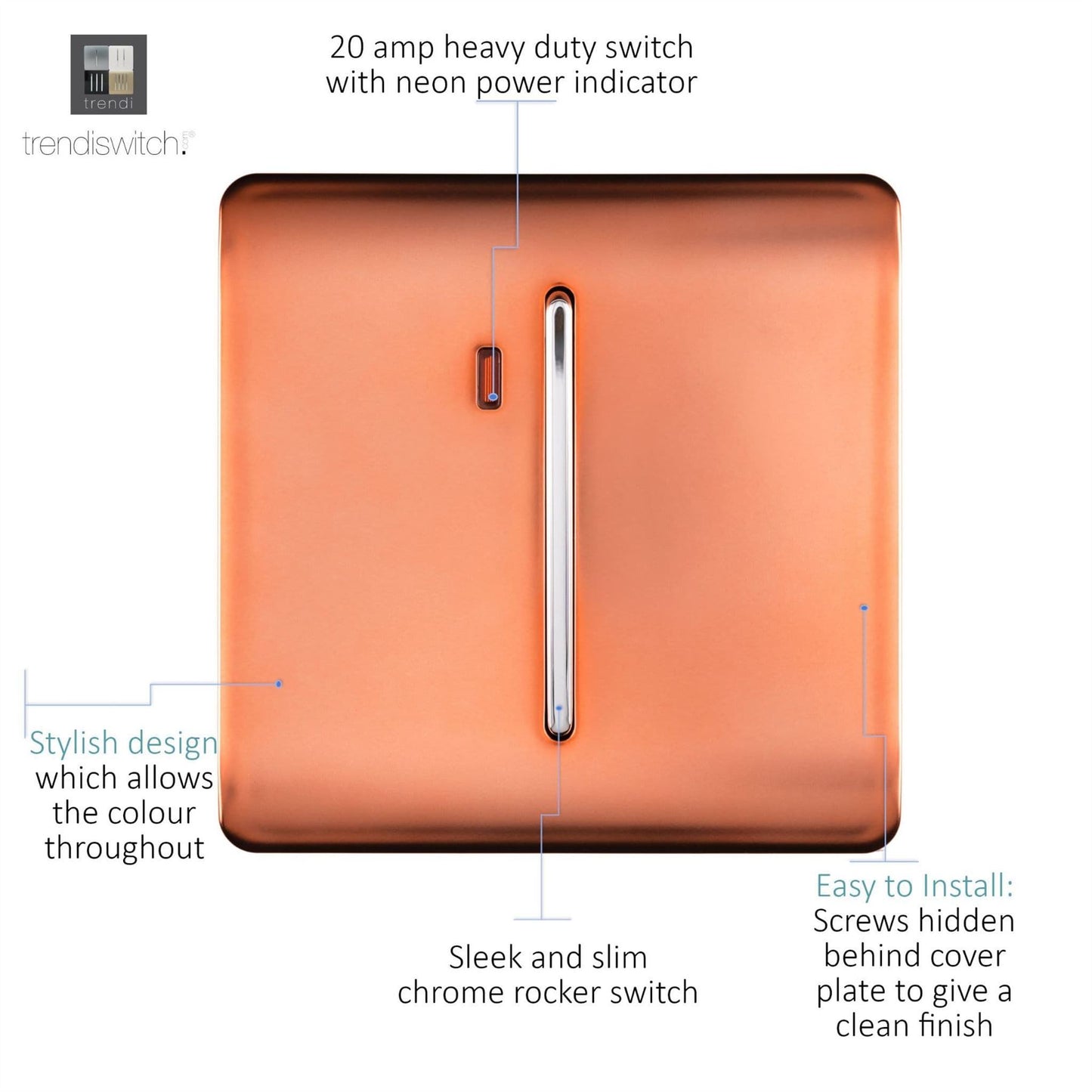 Trendi Switch 1 Gang 20 Amp Heavy Duty Rocker Switchin Copper