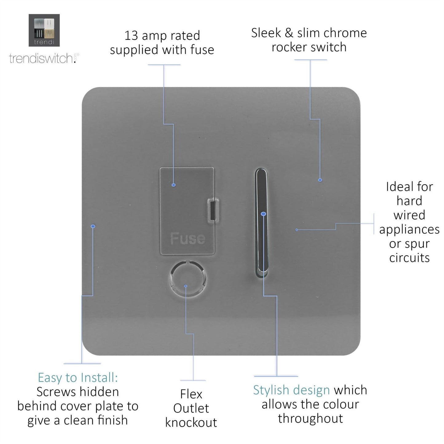 Trendi Switch 13 Amp Fused Spur with Flex Outletin Light Grey