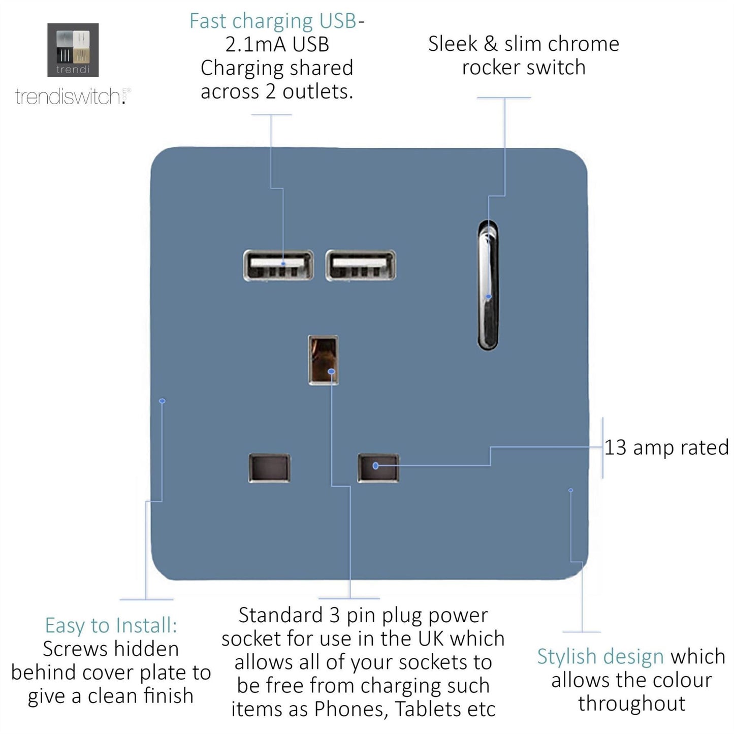 Trendi Switch 1 Gang USB 2100mA Plug Socketin Sky Blue