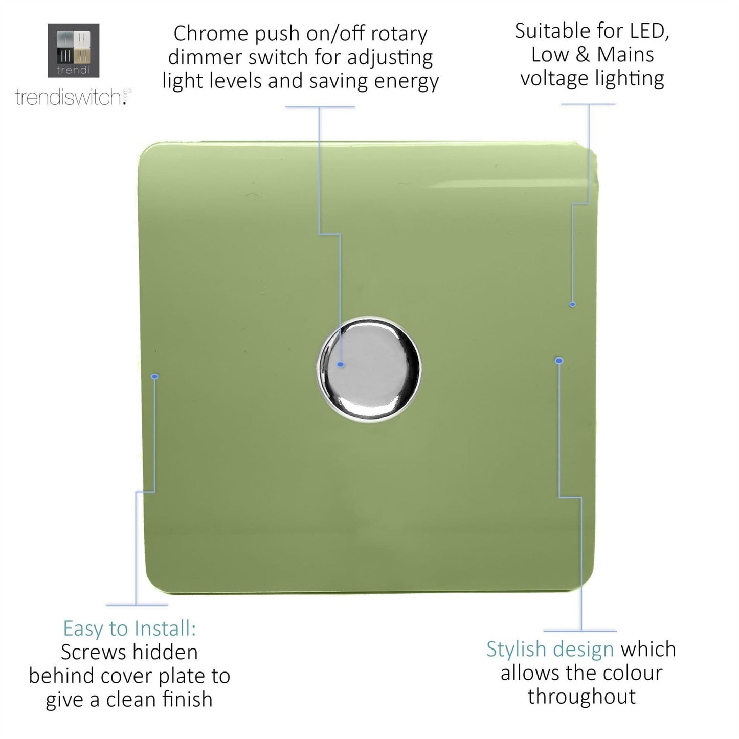 Trendi Switch 1 Gang 1 or 2 way 150w Rotary LED Dimmer Light Switchin Moss Green