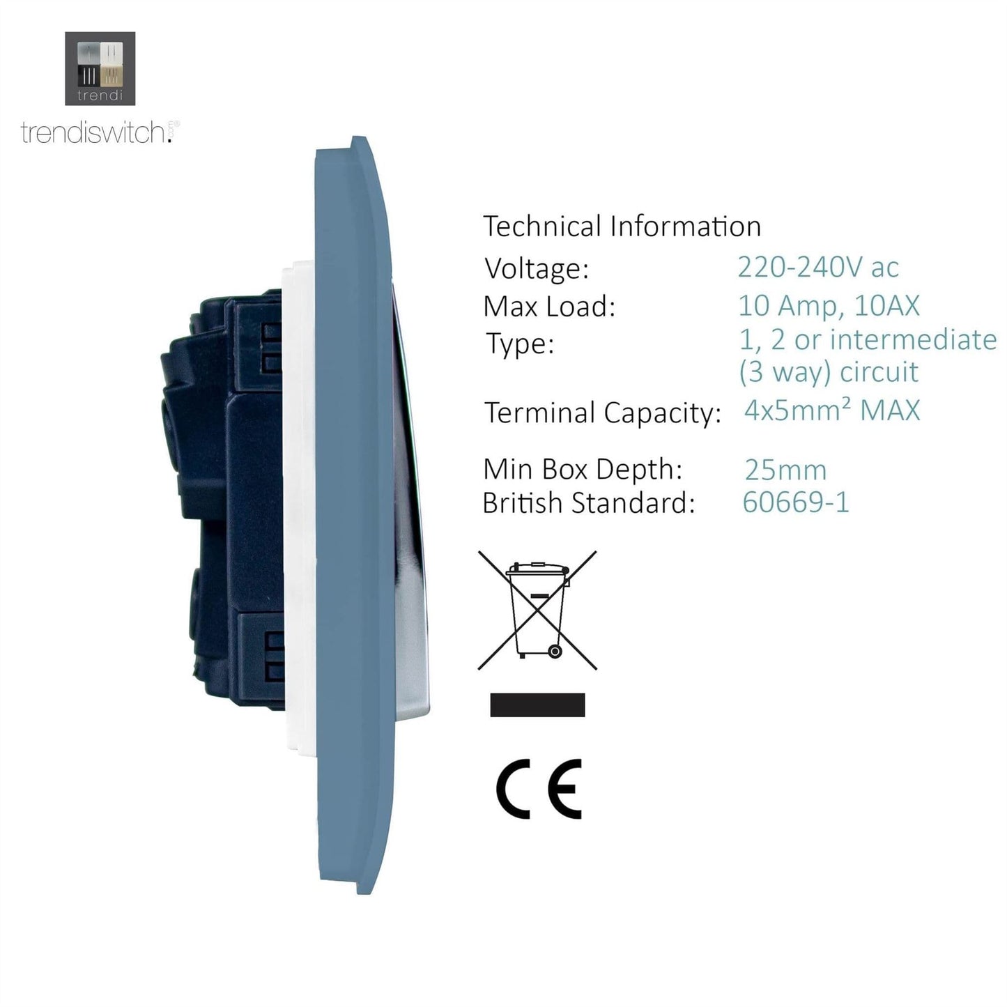 Trendi Switch 4 Gang Light Switch (1x 1 or 2 Way & 3 x Intermediate)in Sky Blue