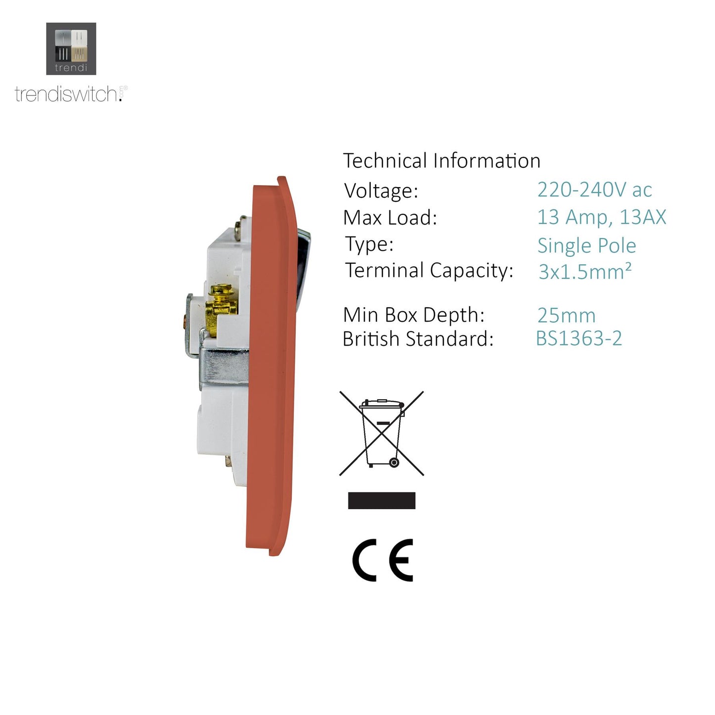Trendi Switch 1 Gang 13 Amp Switched Plug Socketin Copper