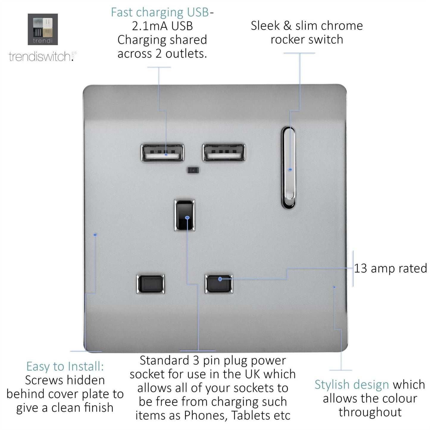 Trendi Switch 1 Gang USB 2100mA Plug Socketin Brushed Steel
