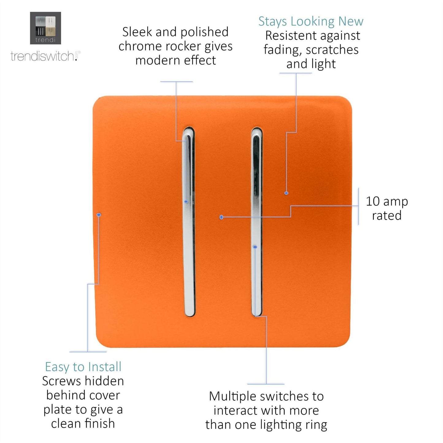 Trendi Switch 2 Gang Rocker Light Switch (1x 1 or 2 way & 1x Intermediate)in Sunset Orange