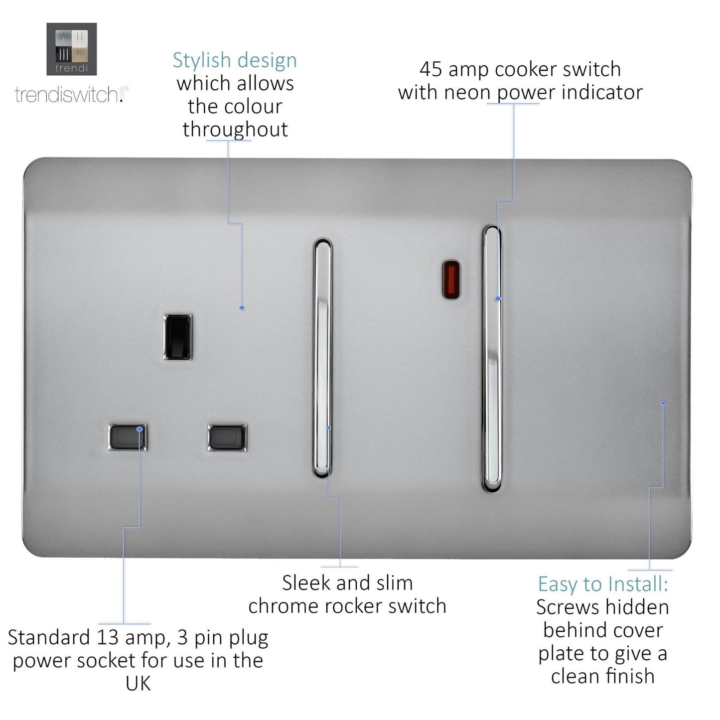Trendi Switch 45 Amp Cooker Switch & 13 Amp Plug Socket with Neonin Brushed Steel