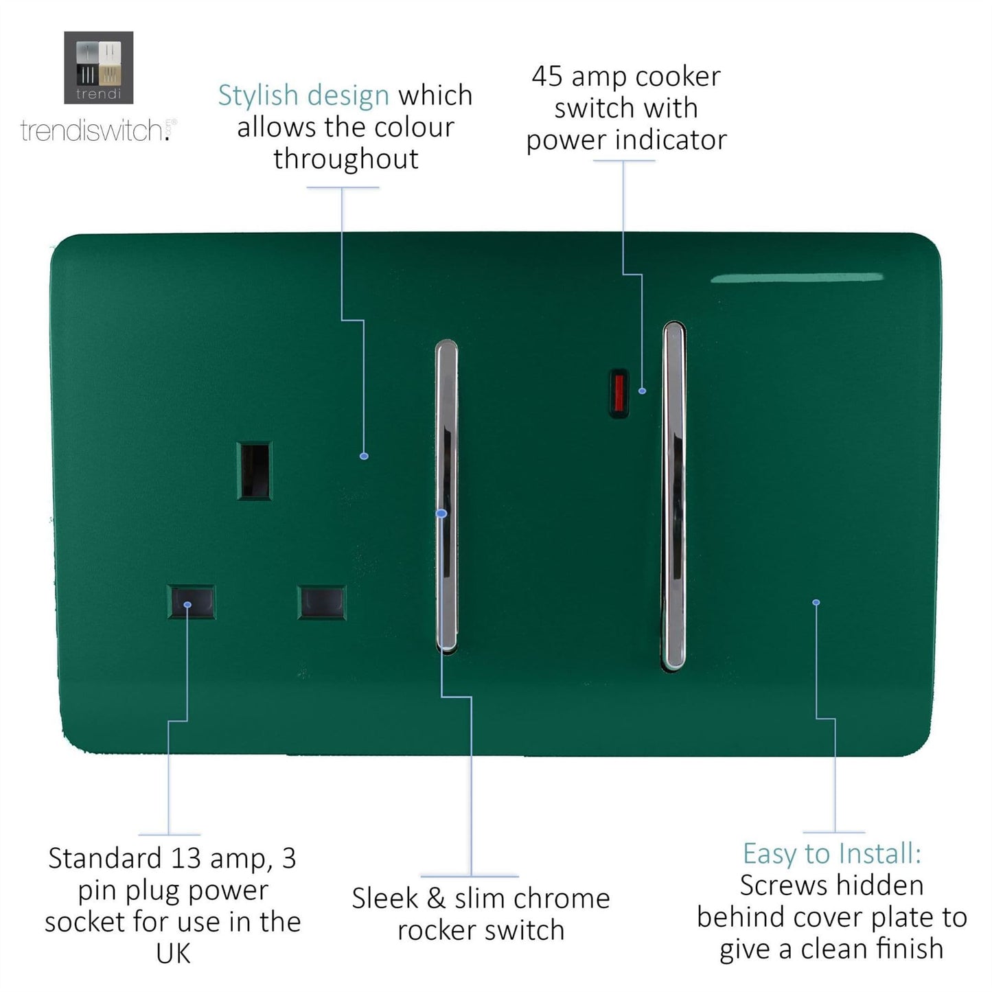 Trendi Switch 45 Amp Cooker Switch & 13 Amp Plug Socket with Neonin Dark Forest Green