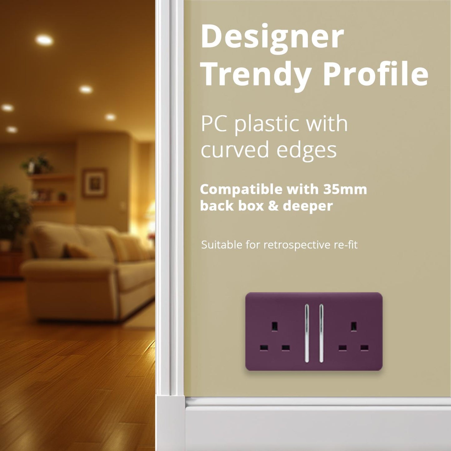 Trendi Switch 2 Gang Long Switched Plug Socketin Plum Purple