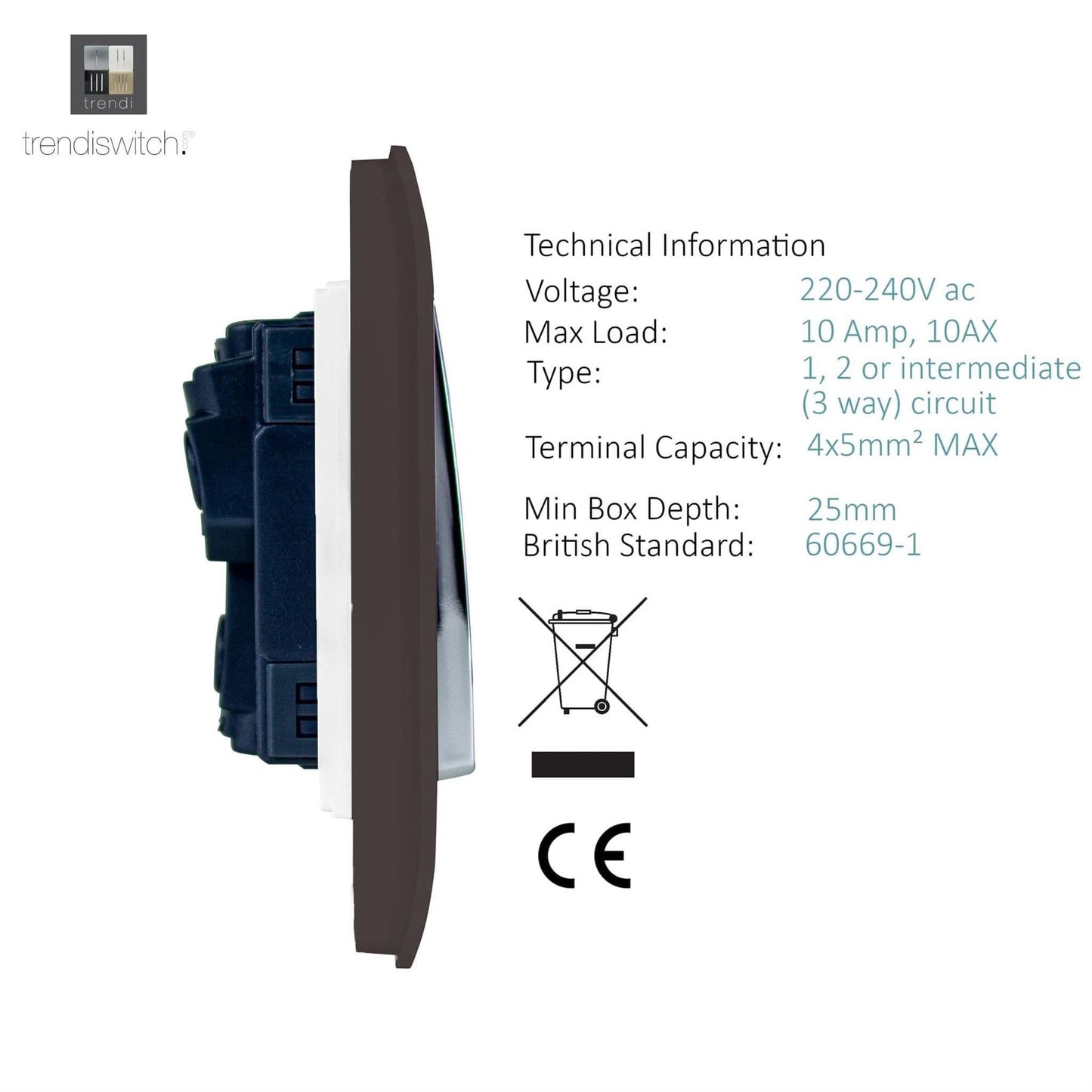 Trendi Switch 4 Gang Light Switch (2x 1 or 2 Way & 2 x Intermediate)in Dark Mocha Brown