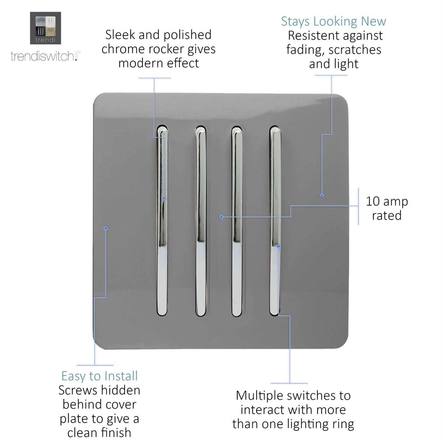 Trendi Switch 4 Gang 1 or 2 way Rocker Light Switchin Light Grey