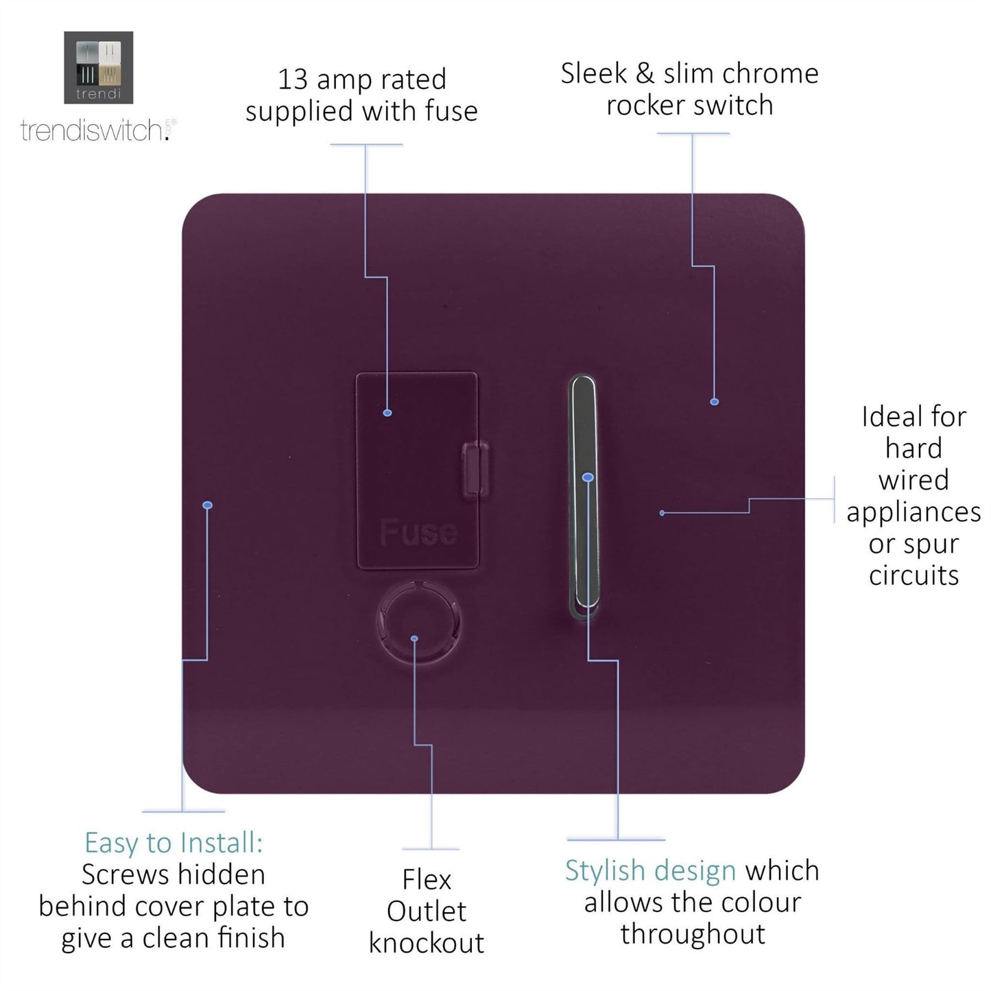 Trendi Switch 13 Amp Fused Spur with Flex Outletin Plum Purple