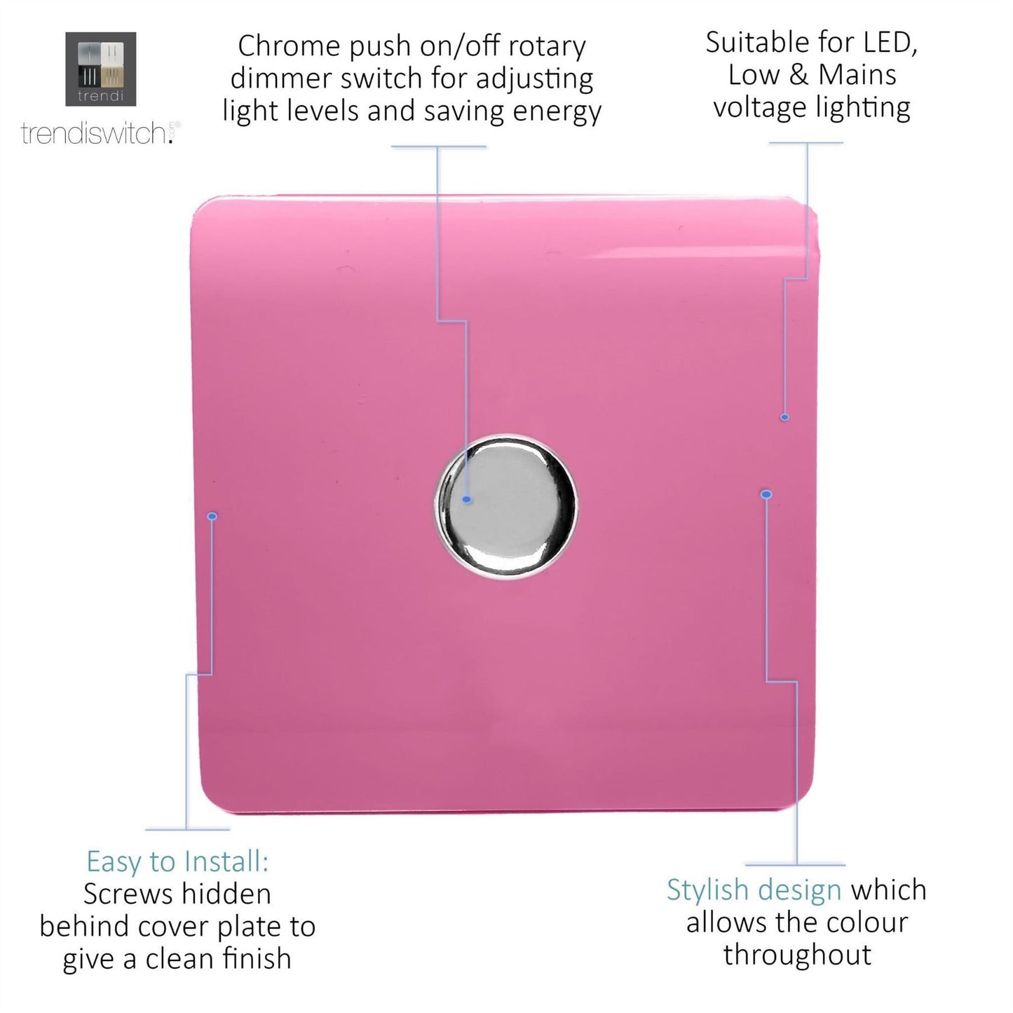 Trendi Switch 1 Gang 1 or 2 way 150w Rotary LED Dimmer Light Switchin Candy Pink