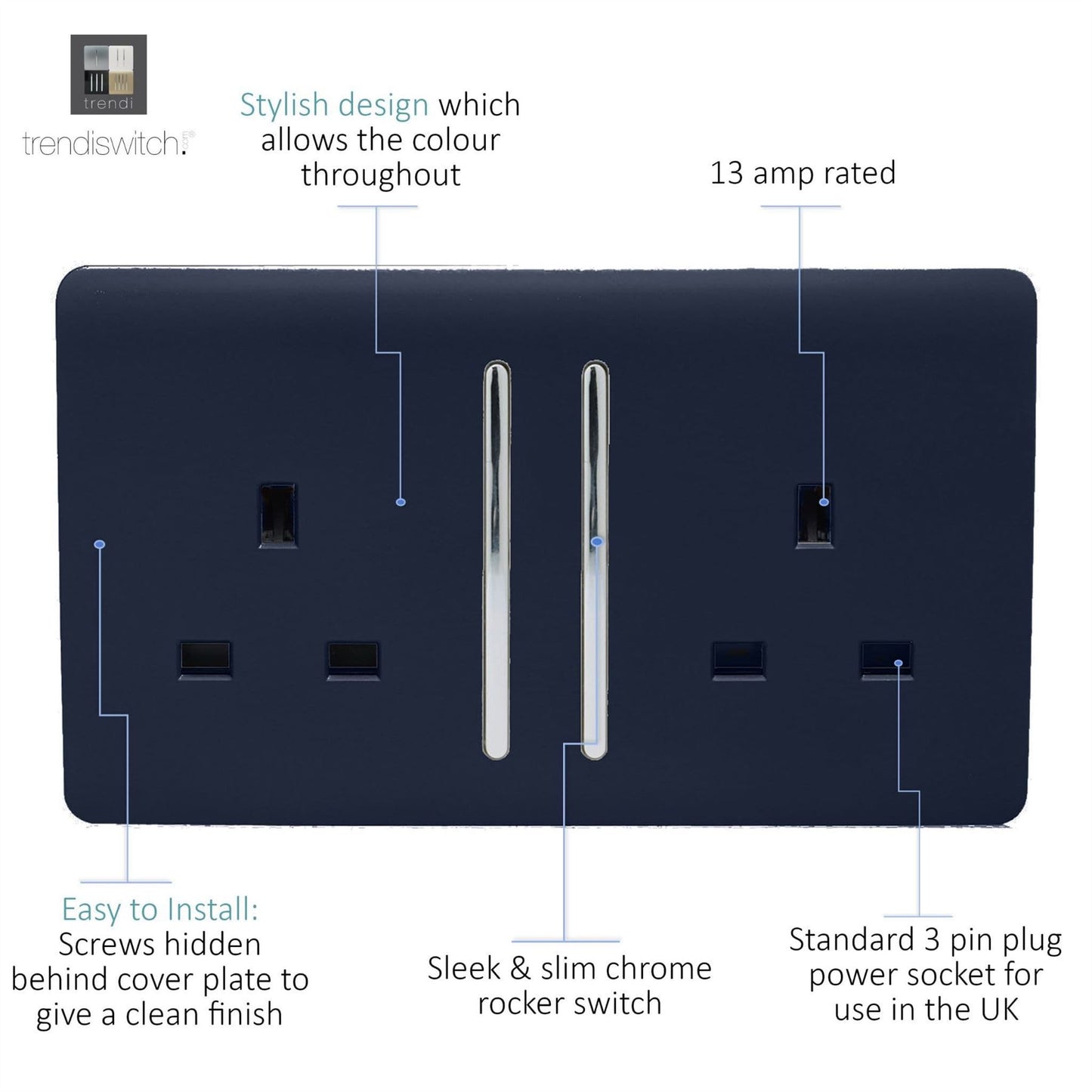 Trendi Switch 2 Gang Long Switched Plug Socketin Navy Blue