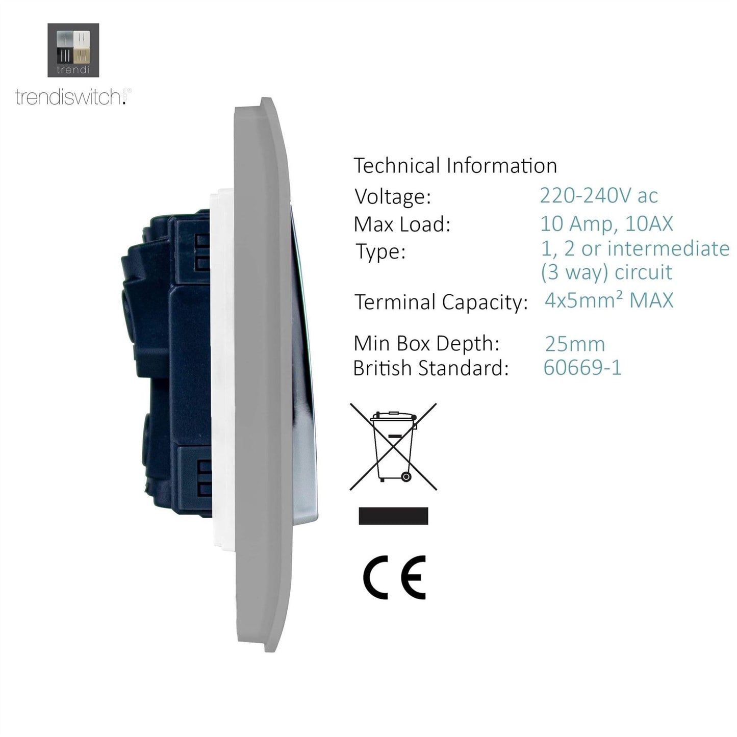 Trendi Switch 4 Gang Light Switch (3x 1 or 2 Way & 1 x Intermediate)in Light Grey