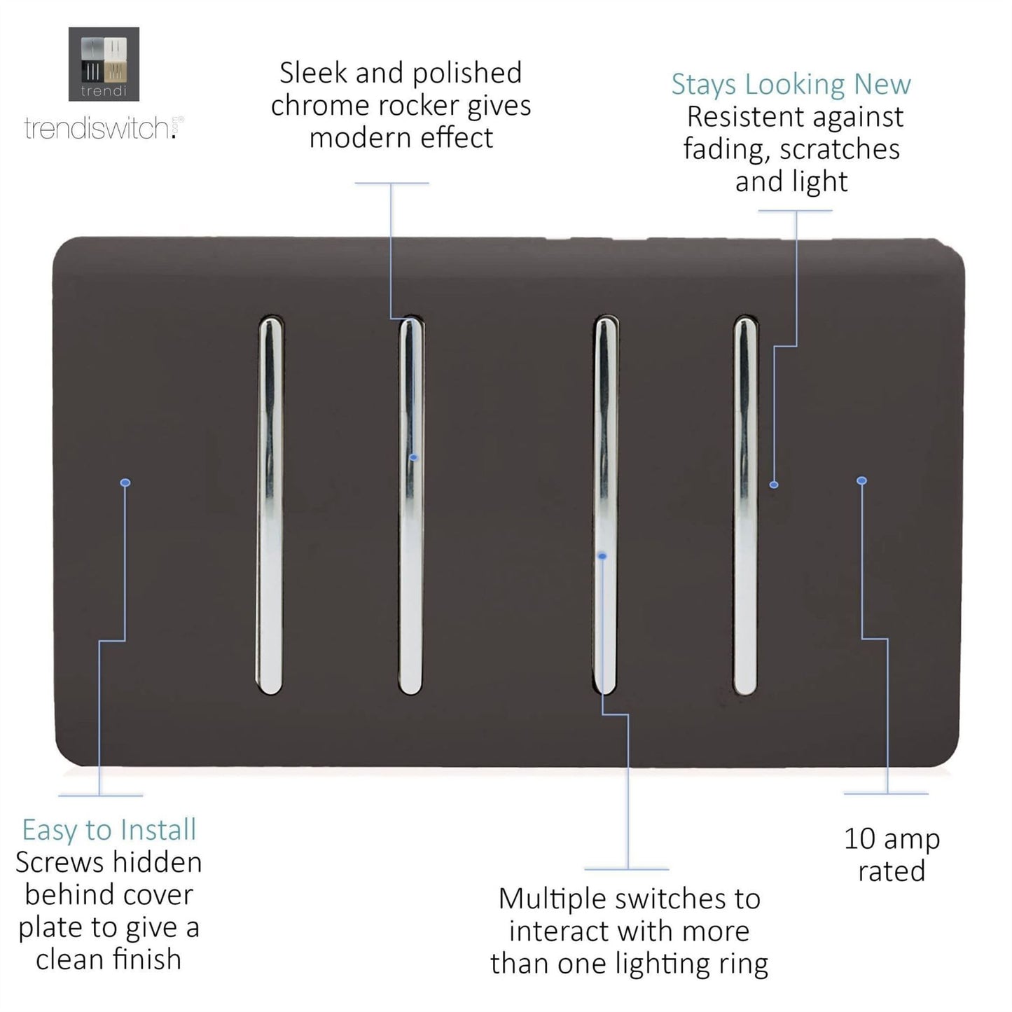 Trendi Switch 4 Gang Light Switch (2x 1 or 2 Way & 2 x Intermediate)in Dark Mocha Brown
