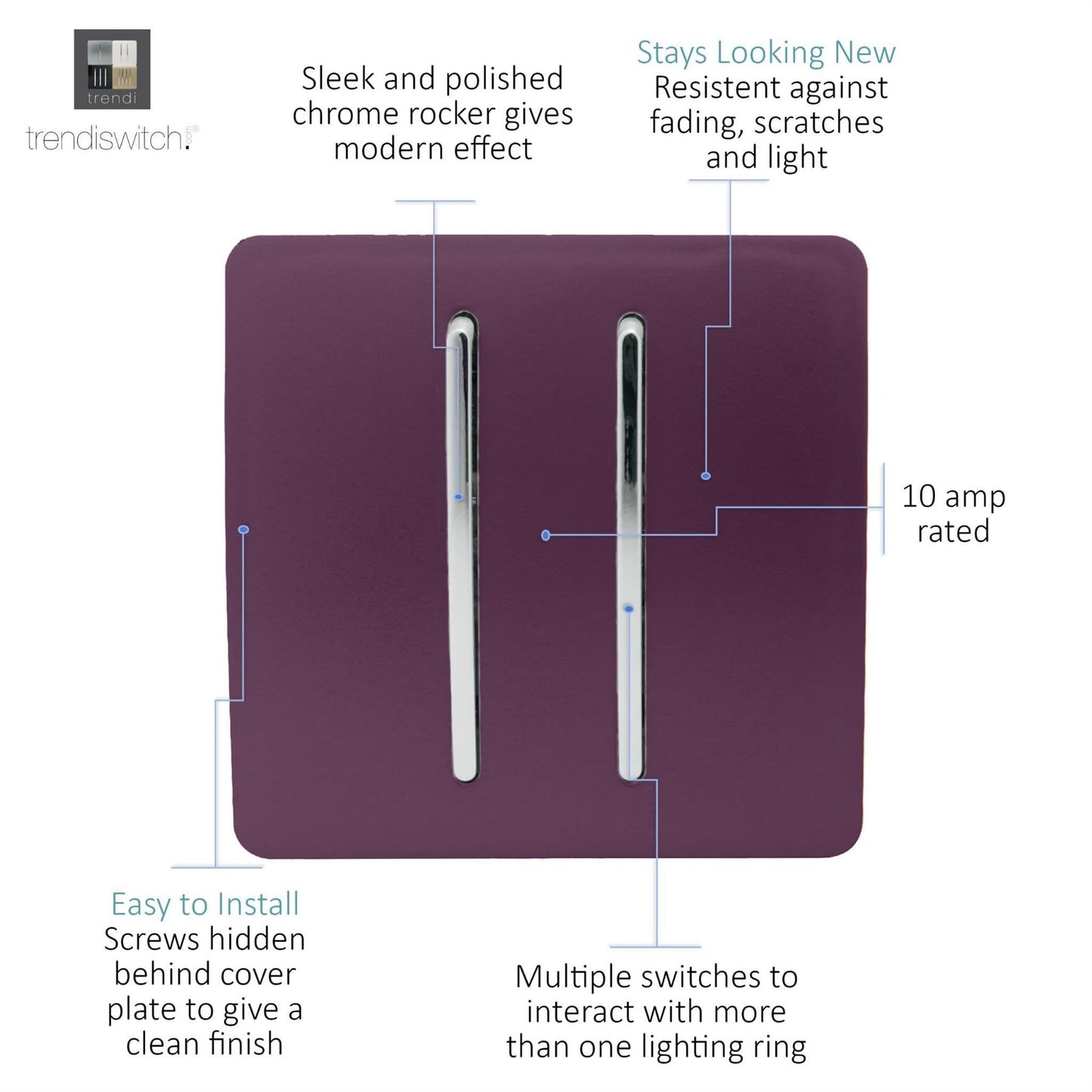 Trendi Switch 2 Gang Rocker Light Switch (1x 1 or 2 way & 1x Intermediate)in Plum Purple