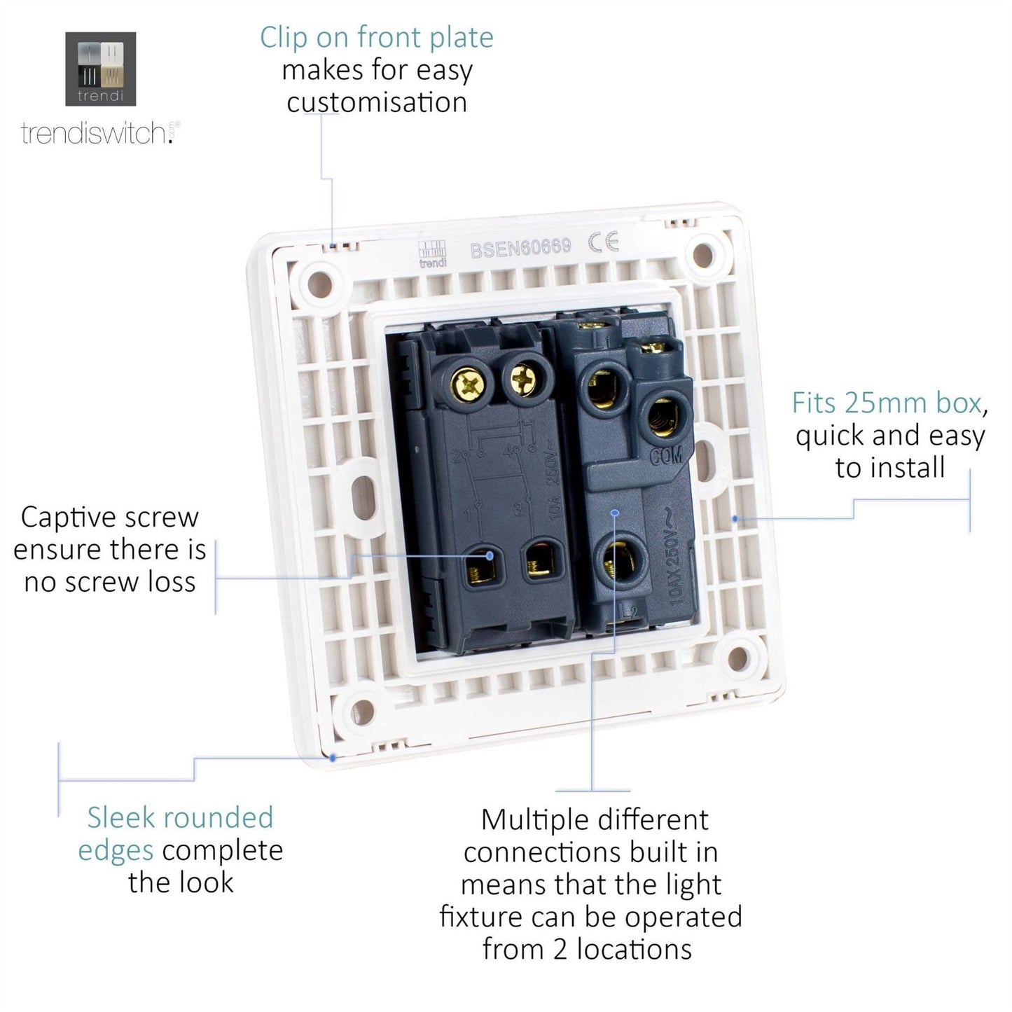 Trendi Switch 2 Gang Rocker Light Switch (1x 1 or 2 way & 1x Intermediate)in Ice White